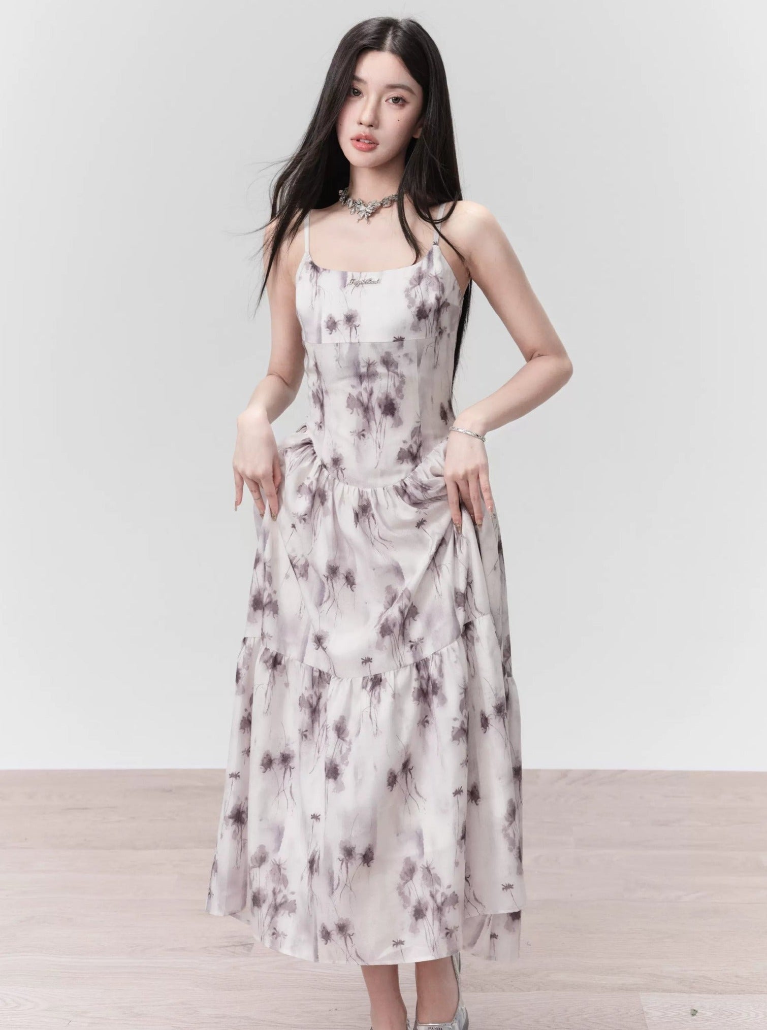 Ethereal Floral Spaghetti Strap Midi Dress in Lavender Mist