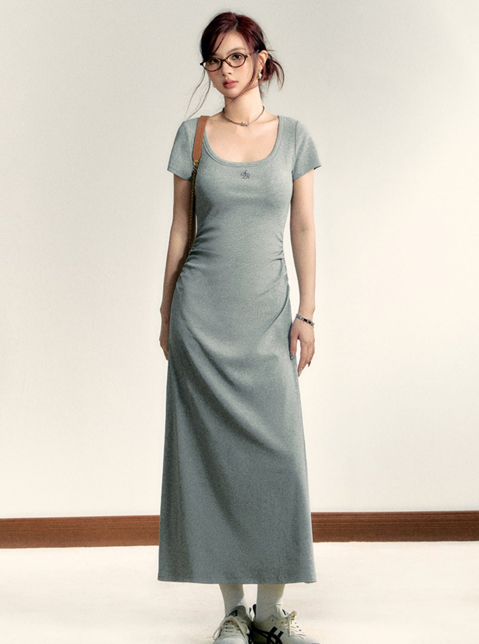 Scoop Neck Maxi T-Shirt Dress - Casual Side Ruched Jersey Knit Gown