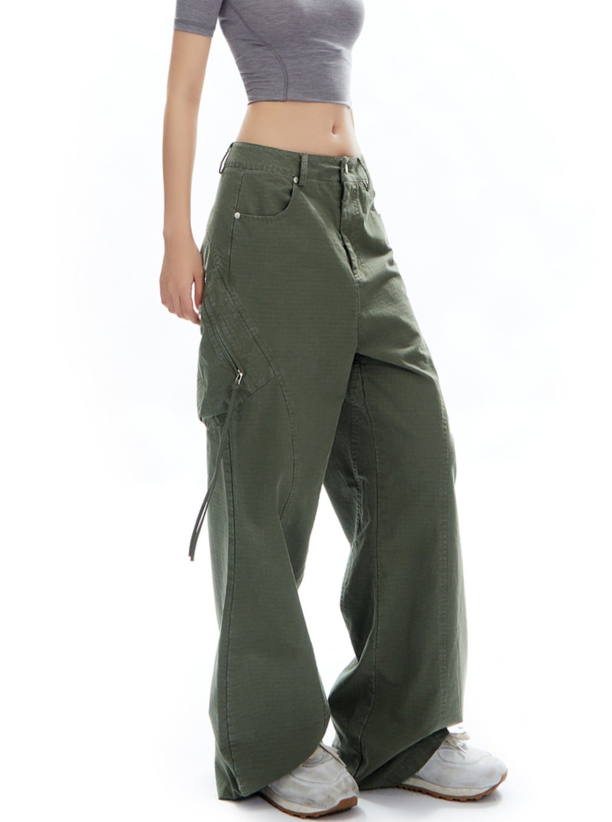 Wide-Leg Olive Green Cargo Pants