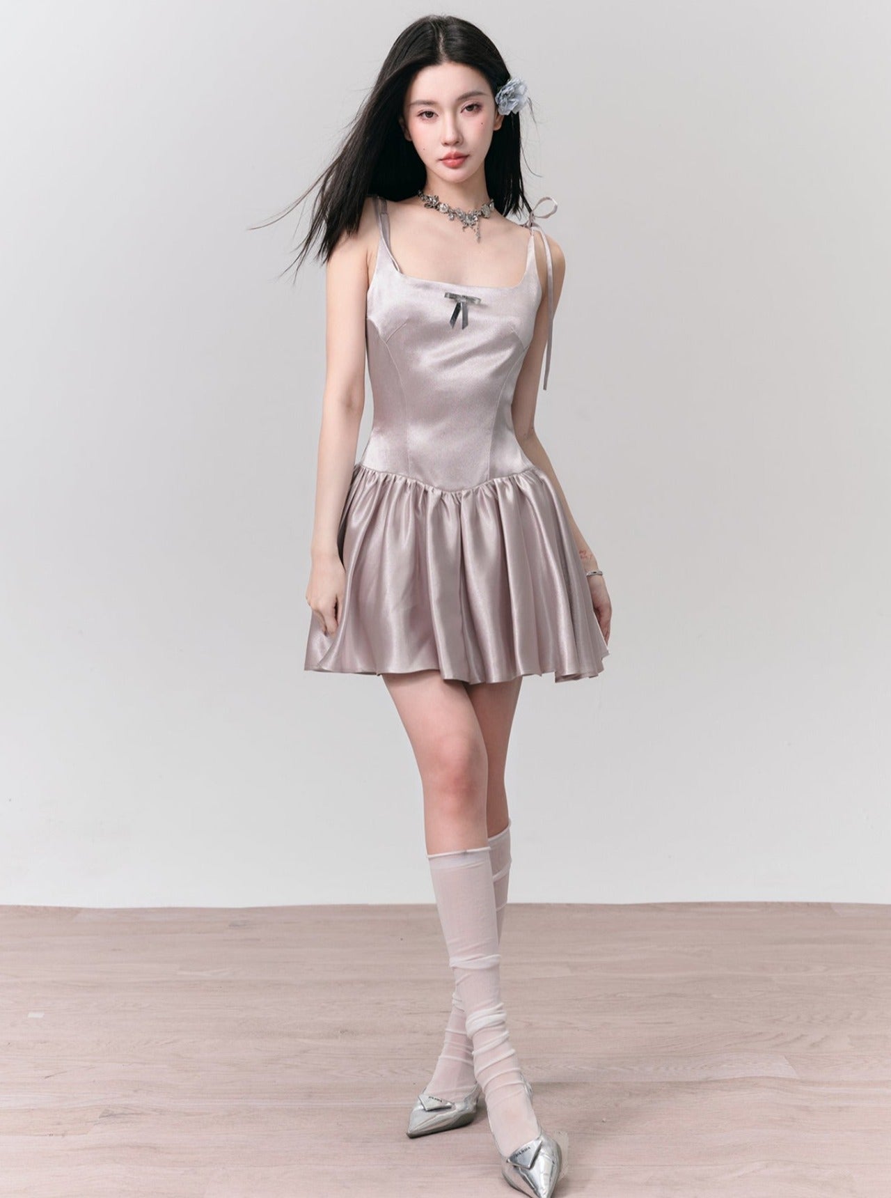 Silvery Gray Satin Mini Dress with Tie Straps