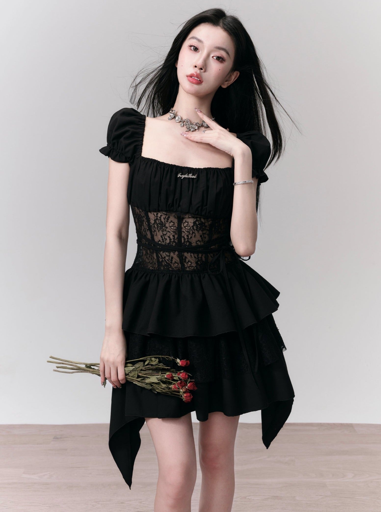 Gothic Lace-Bodice Puff Sleeve Tiered Ruffle Dress