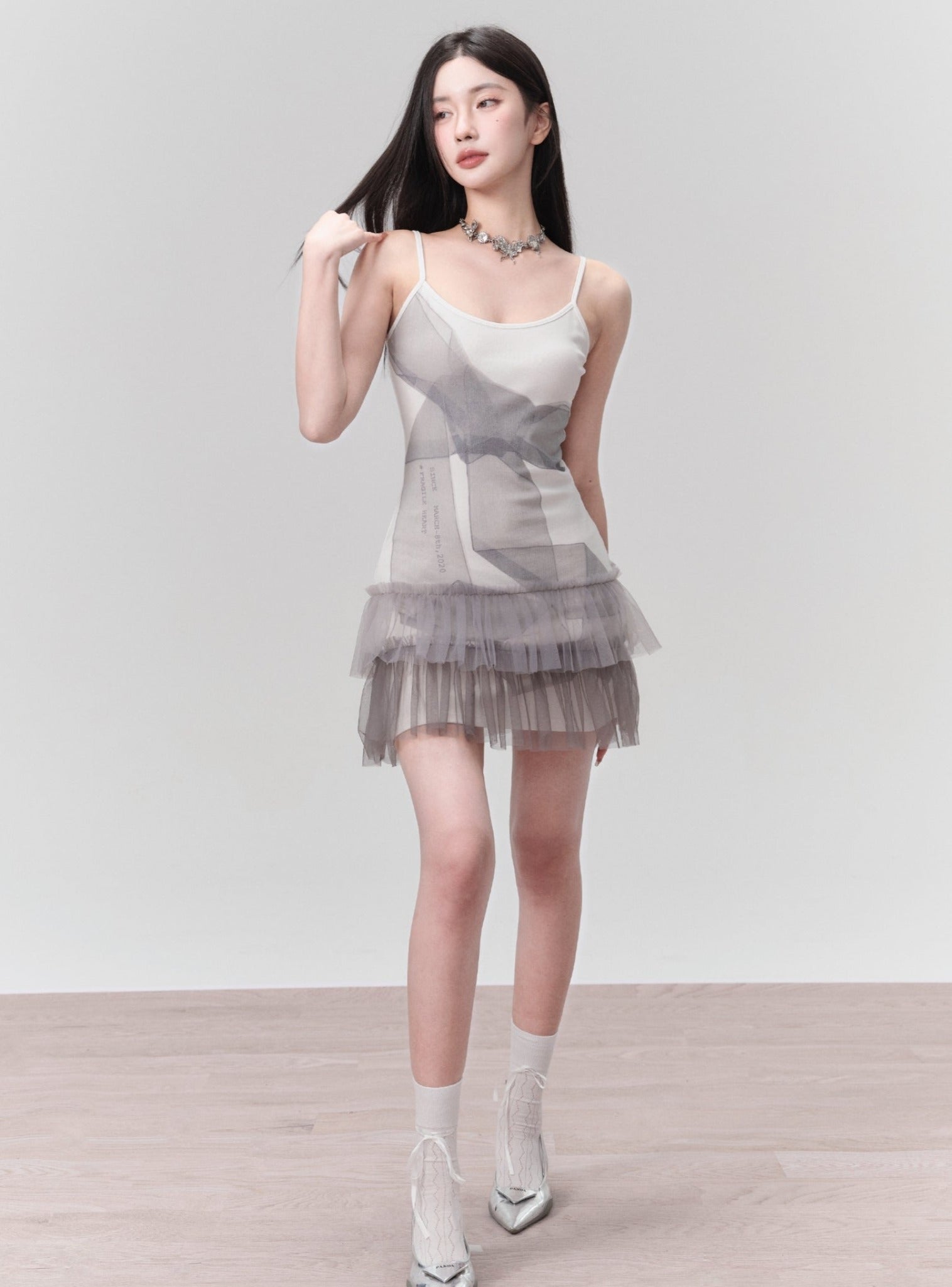 Ethereal Mist Layered Tulle Mini Dress - Ombre Gray