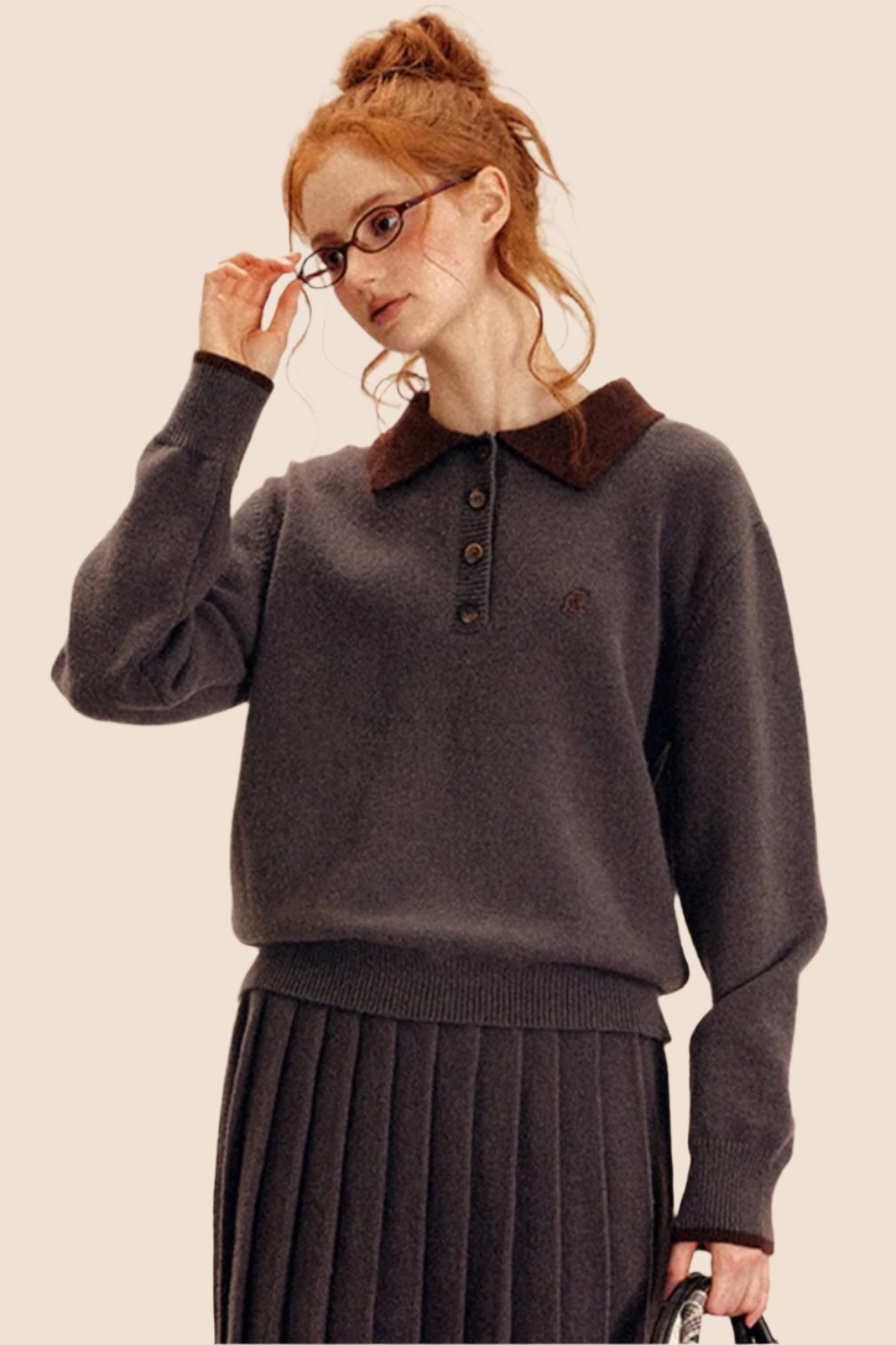 Collared Button Knit Sweater Skirt Set Up