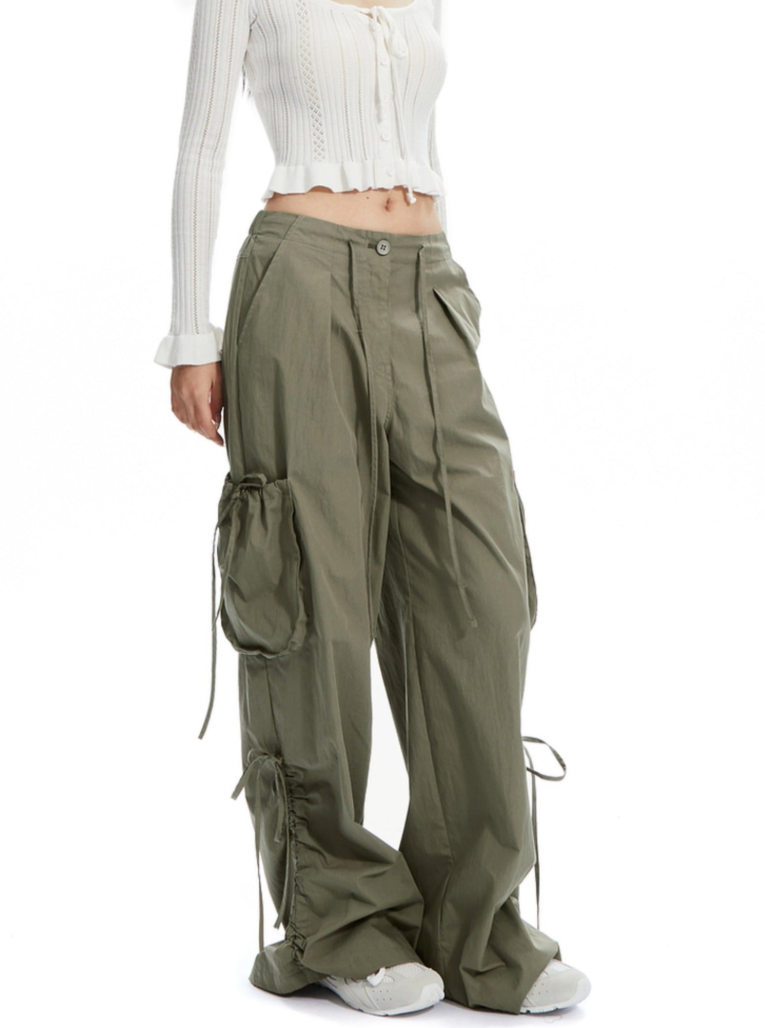 Wide-Leg Cargo Pants with Adjustable Ties