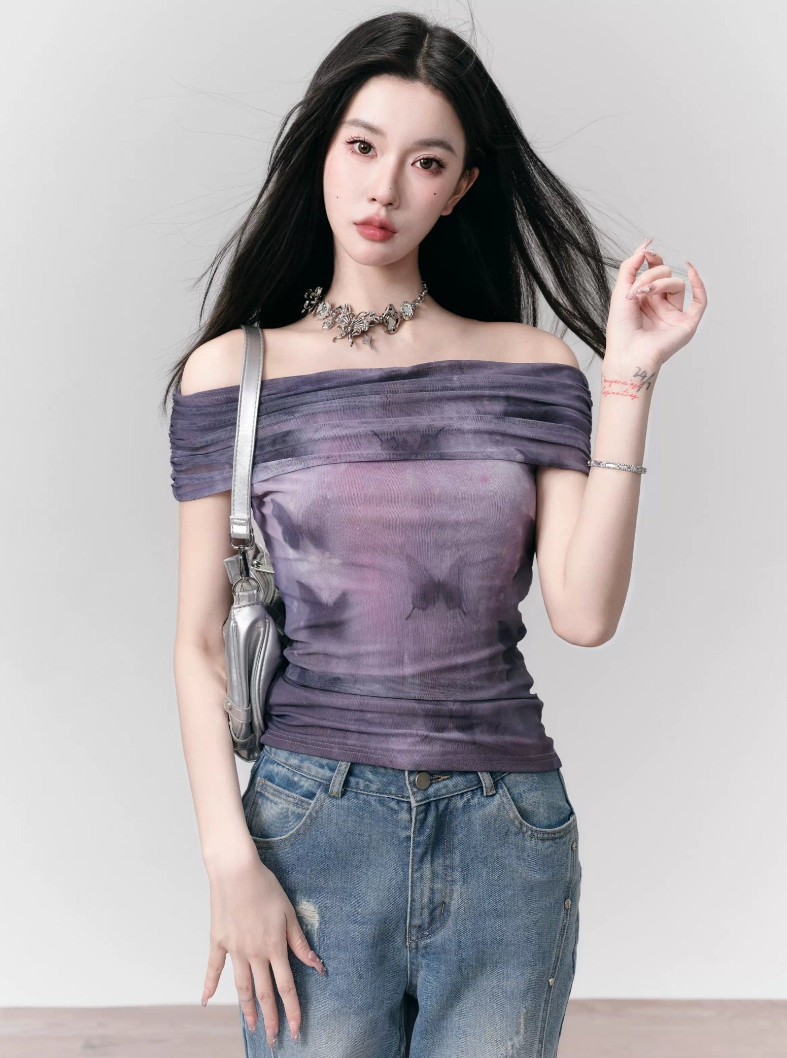 Tie-Dye Off-Shoulder Crop Top - Purple Ombre Ruched Bandeau Blouse