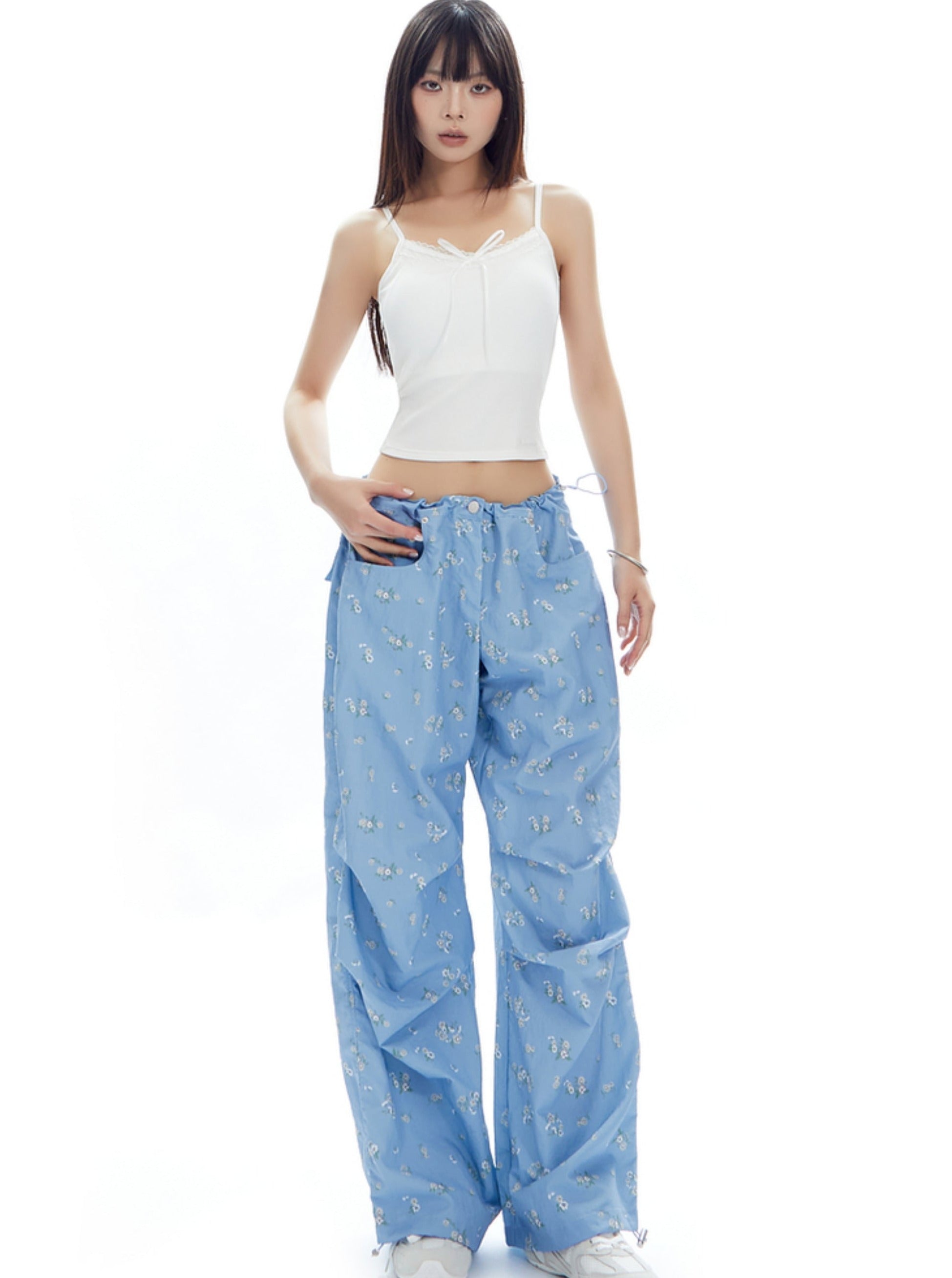 Light Blue Wide-Leg Pants with Butterfly Print