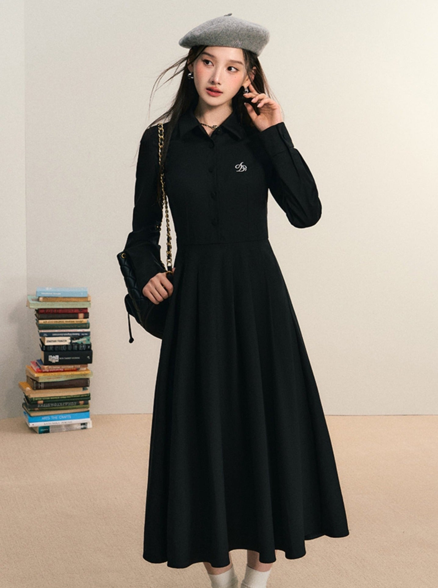 Classic Shirt Dress: Elegant Long-Sleeve Midi with Pleated Skirt