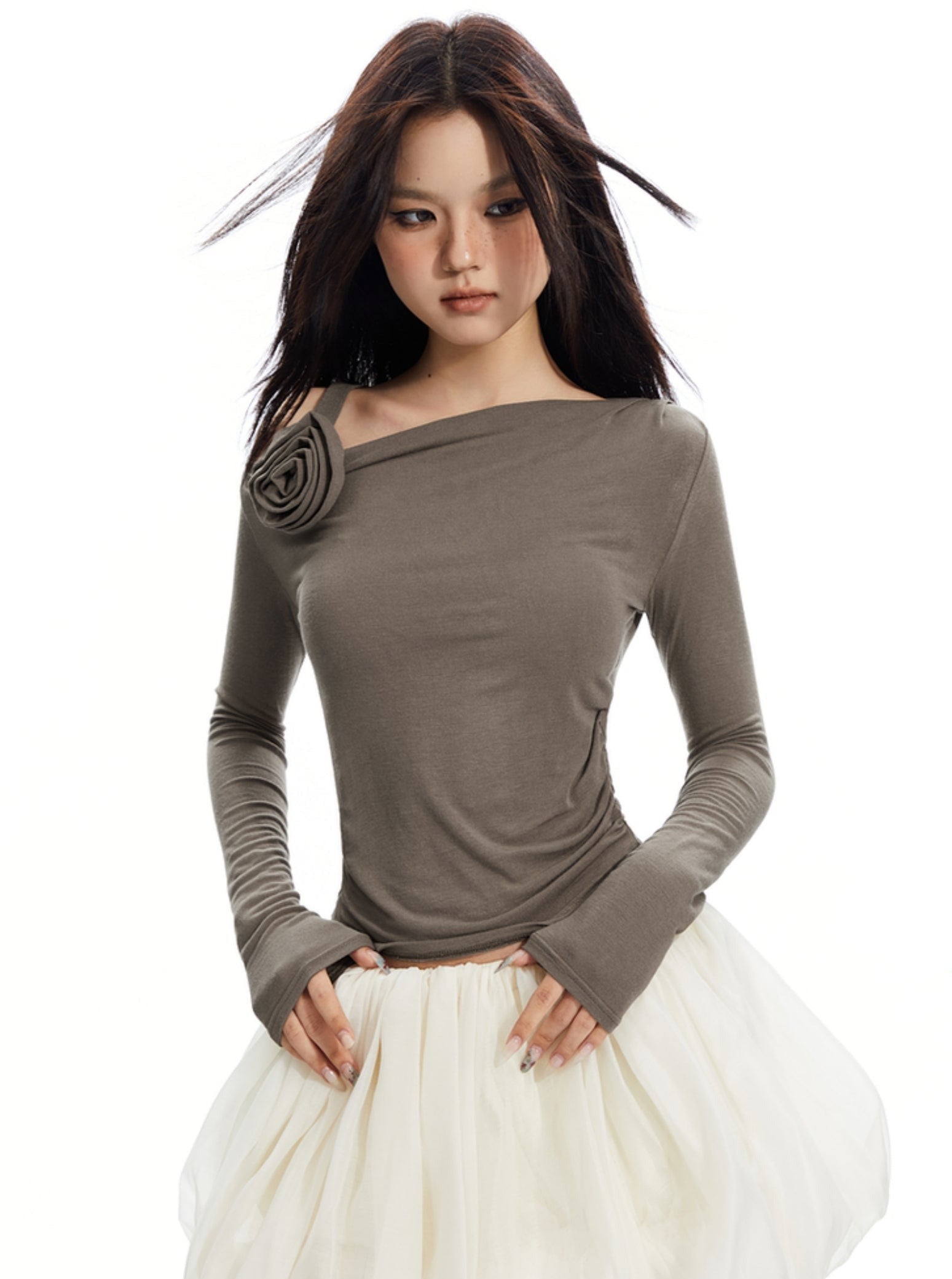 Taupe Rosette Asymmetric Top