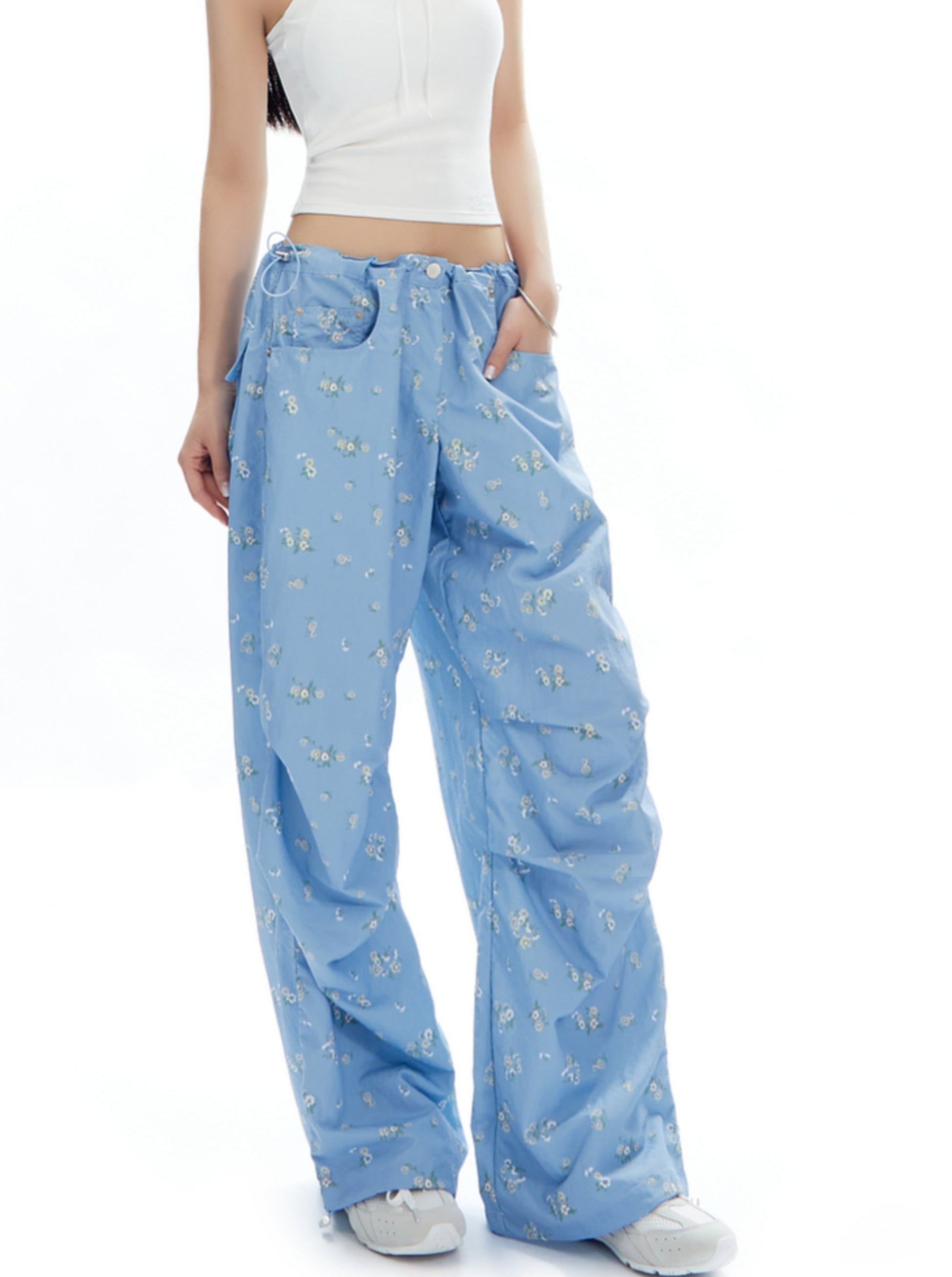 Light Blue Wide-Leg Pants with Butterfly Print