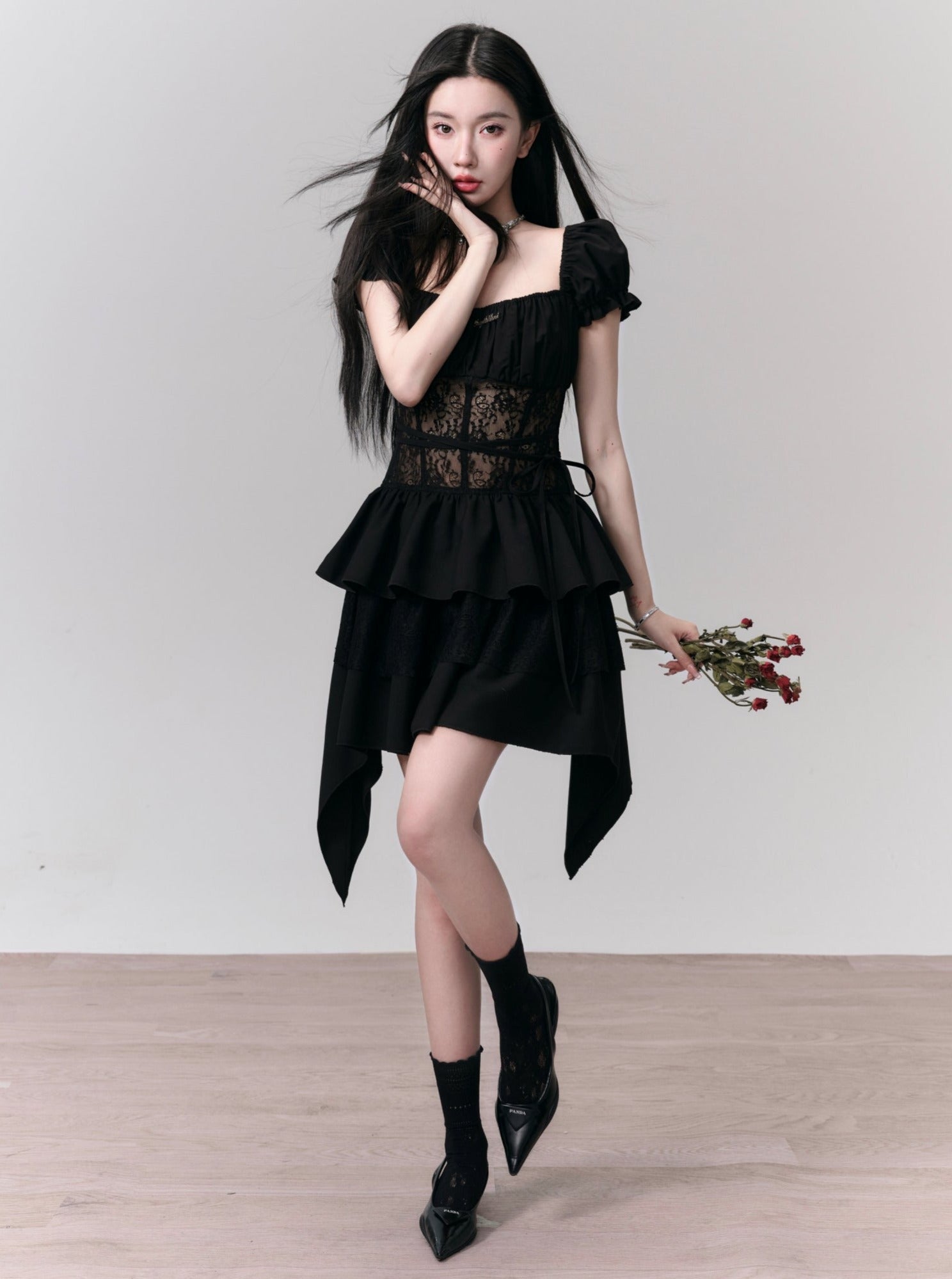 Gothic Lace-Bodice Puff Sleeve Tiered Ruffle Dress