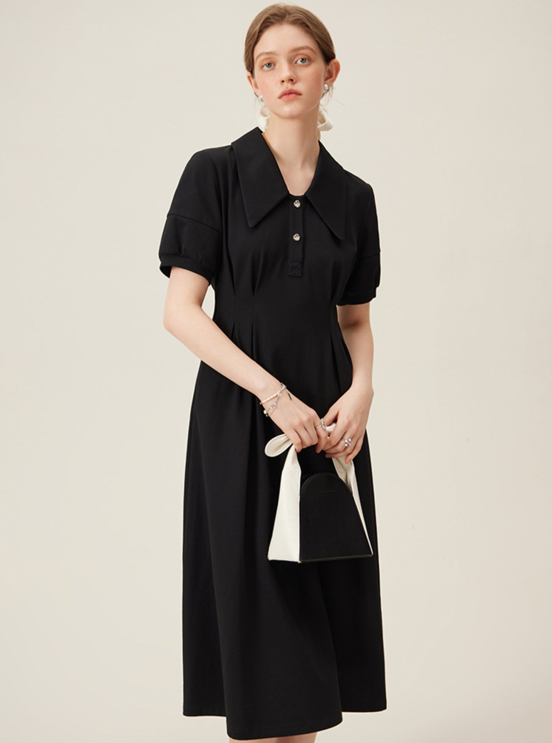 Minimalist Short Puff Sleeves Midi-length Dress