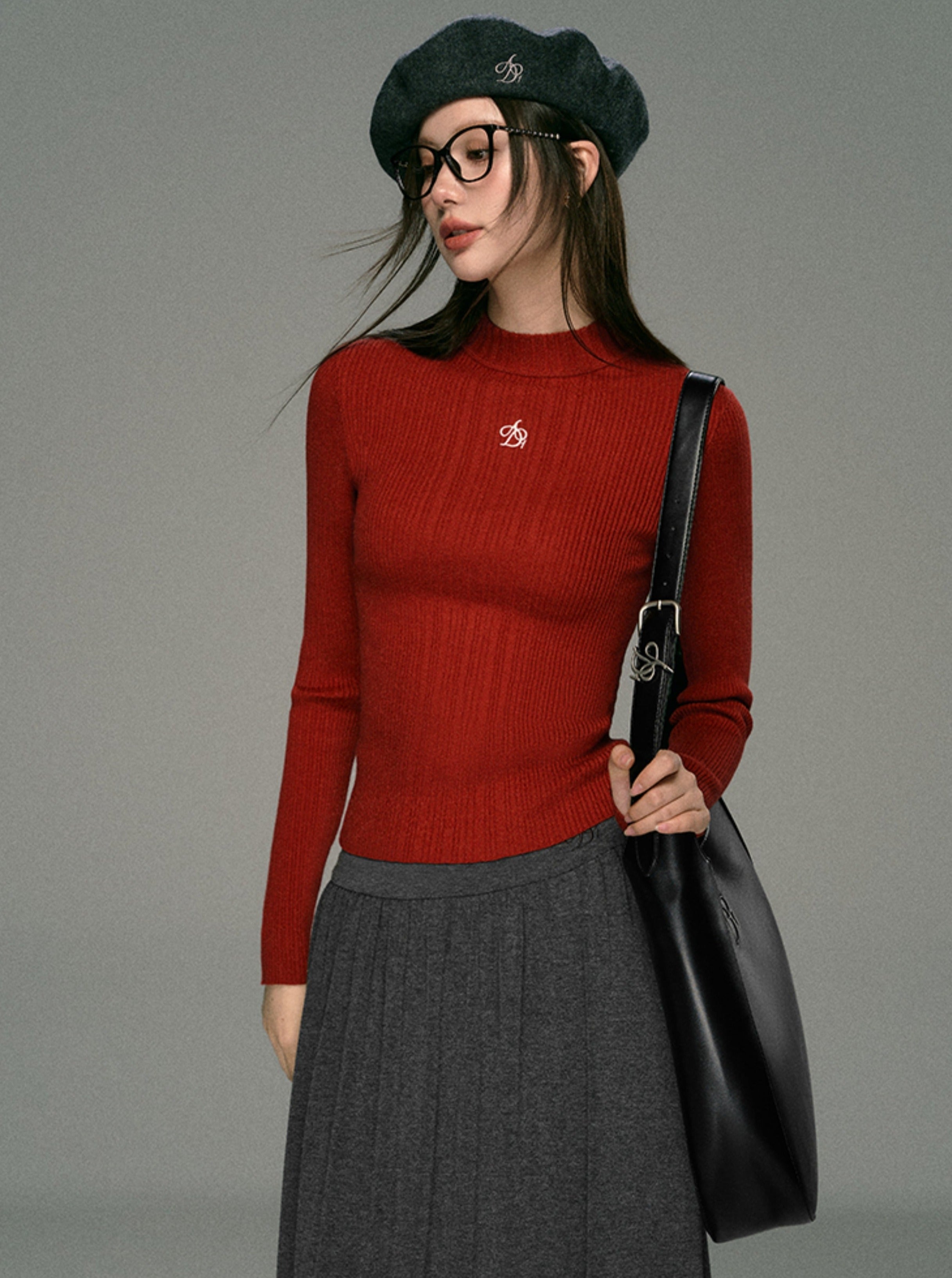 Ribbed Mock Neck Sweater - Fitted Long Sleeve Crop Top