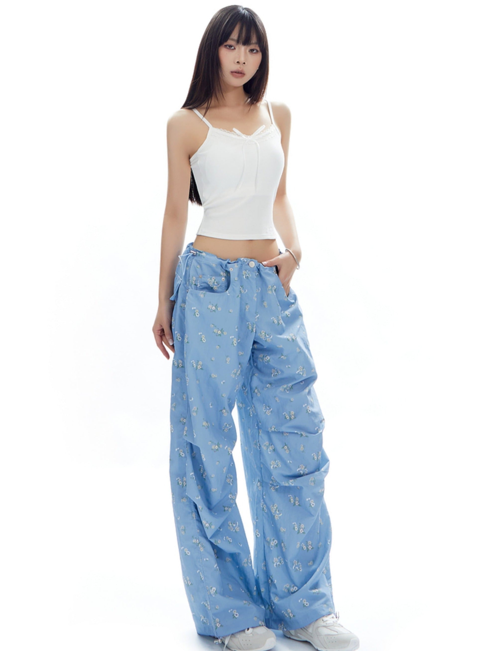 Light Blue Wide-Leg Pants with Butterfly Print