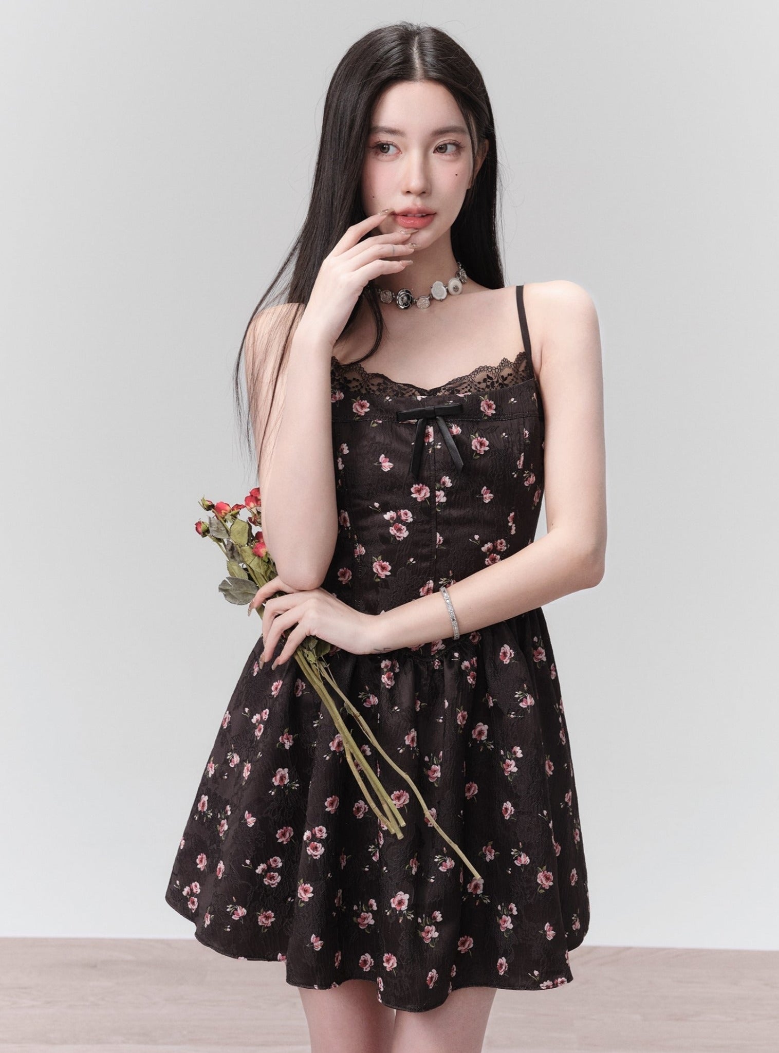 Floral Lace-Trim Spaghetti Strap Mini Dress in Black