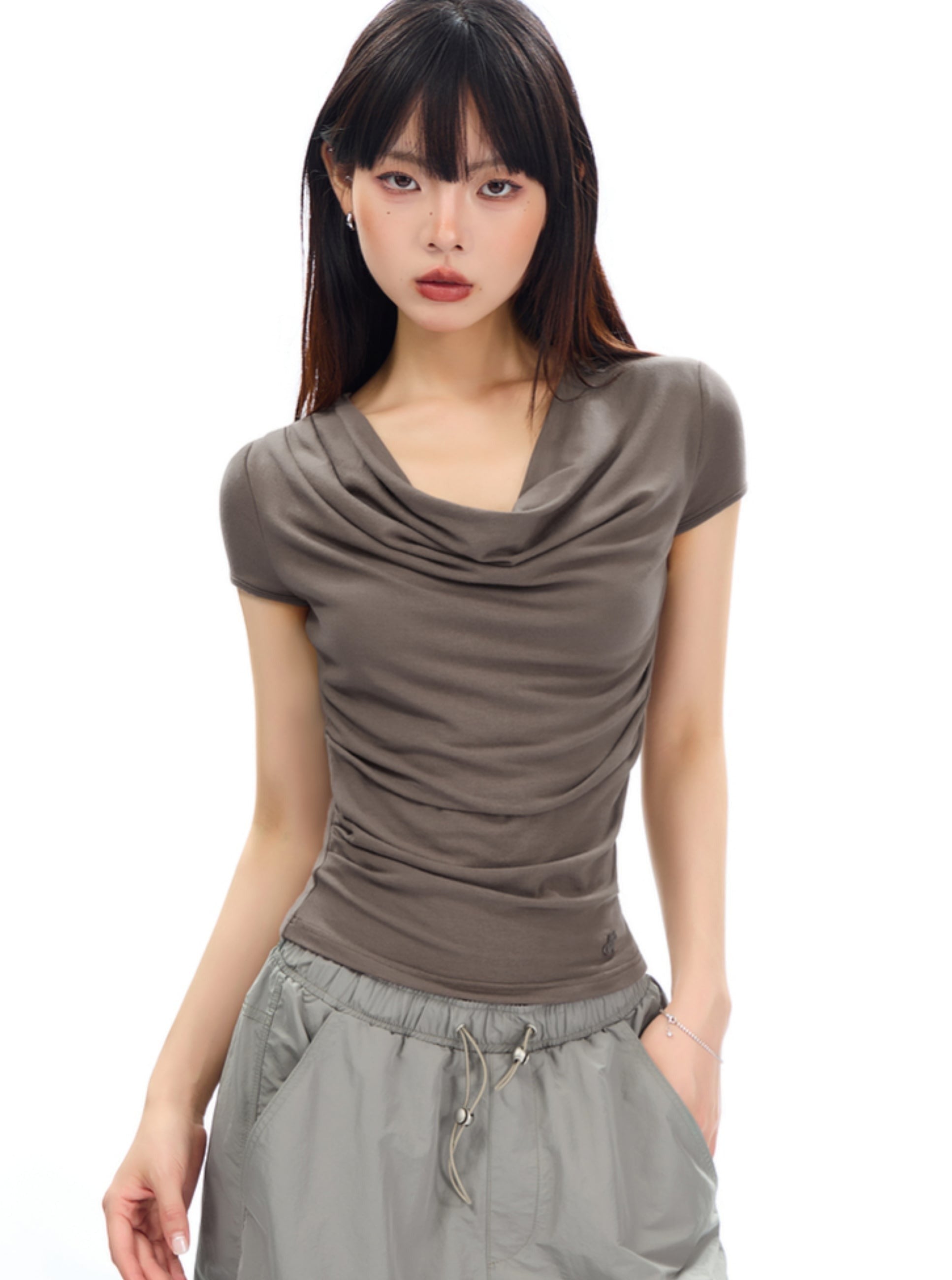 Slate Elegance Cowl Neck Tee