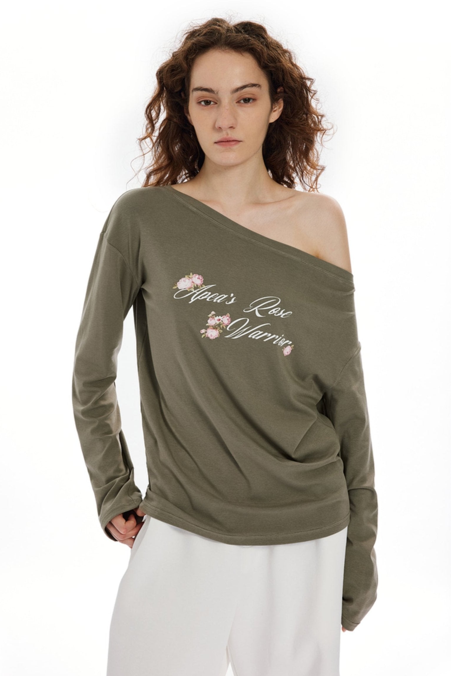 Olive Bloom Off-Shoulder Tee