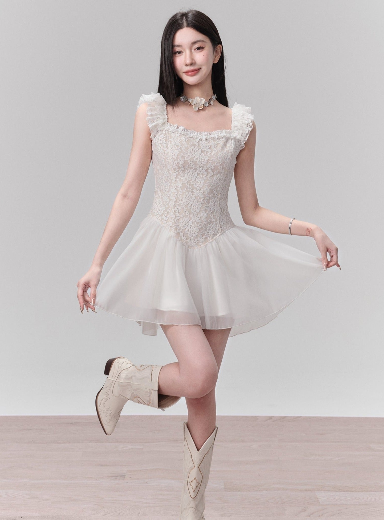 Lace Bodice Tulle Skirt Mini Dress with Ruffle Straps