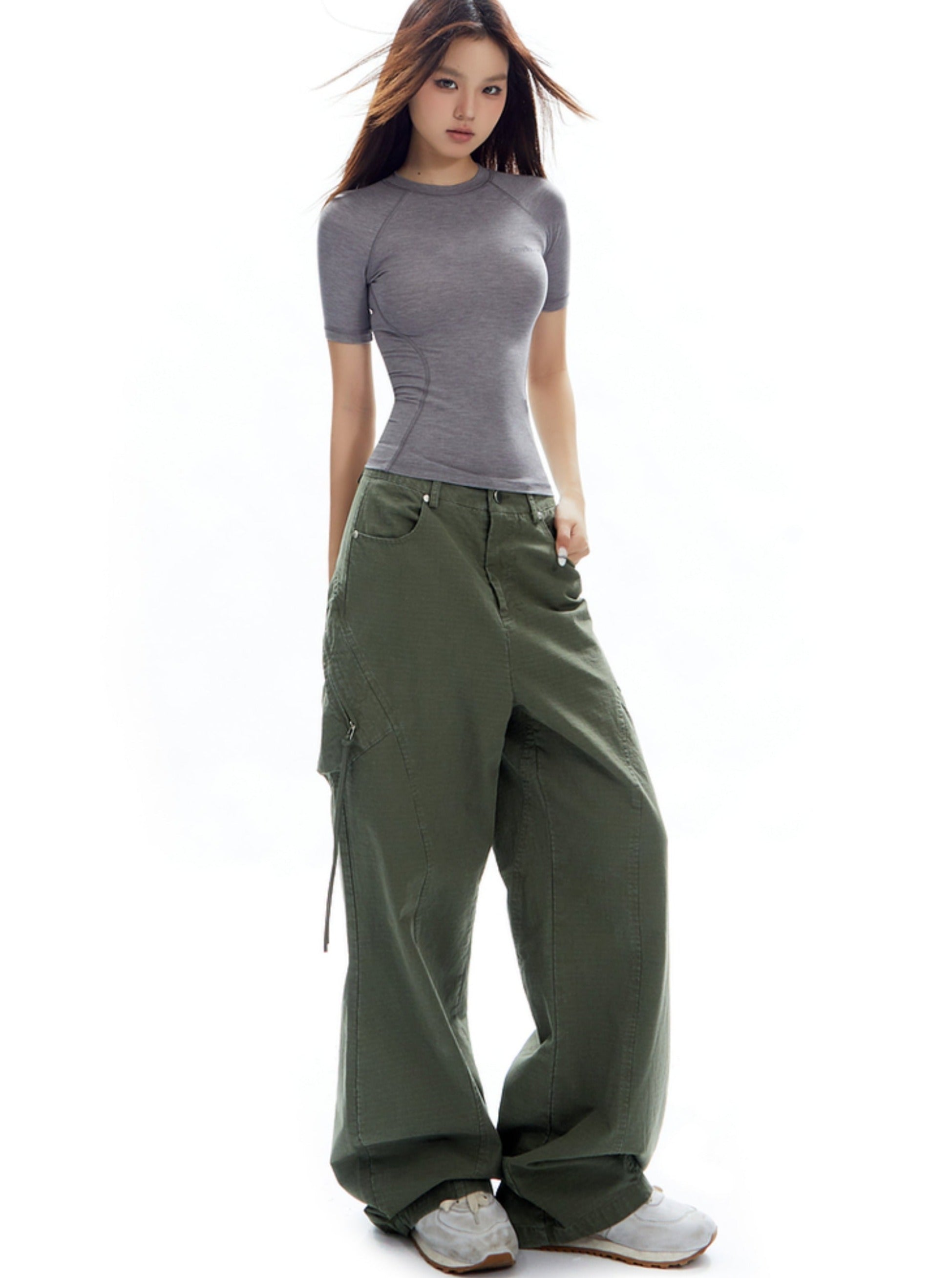 Wide-Leg Olive Green Cargo Pants