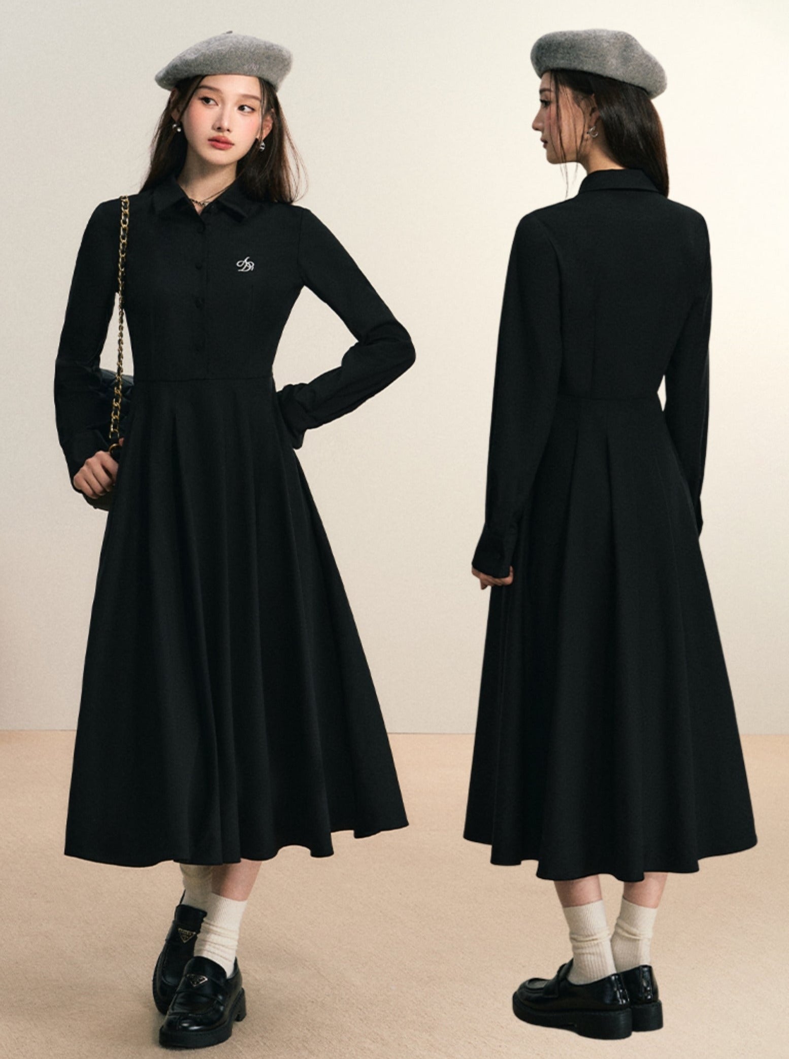 Classic Shirt Dress: Elegant Long-Sleeve Midi with Pleated Skirt