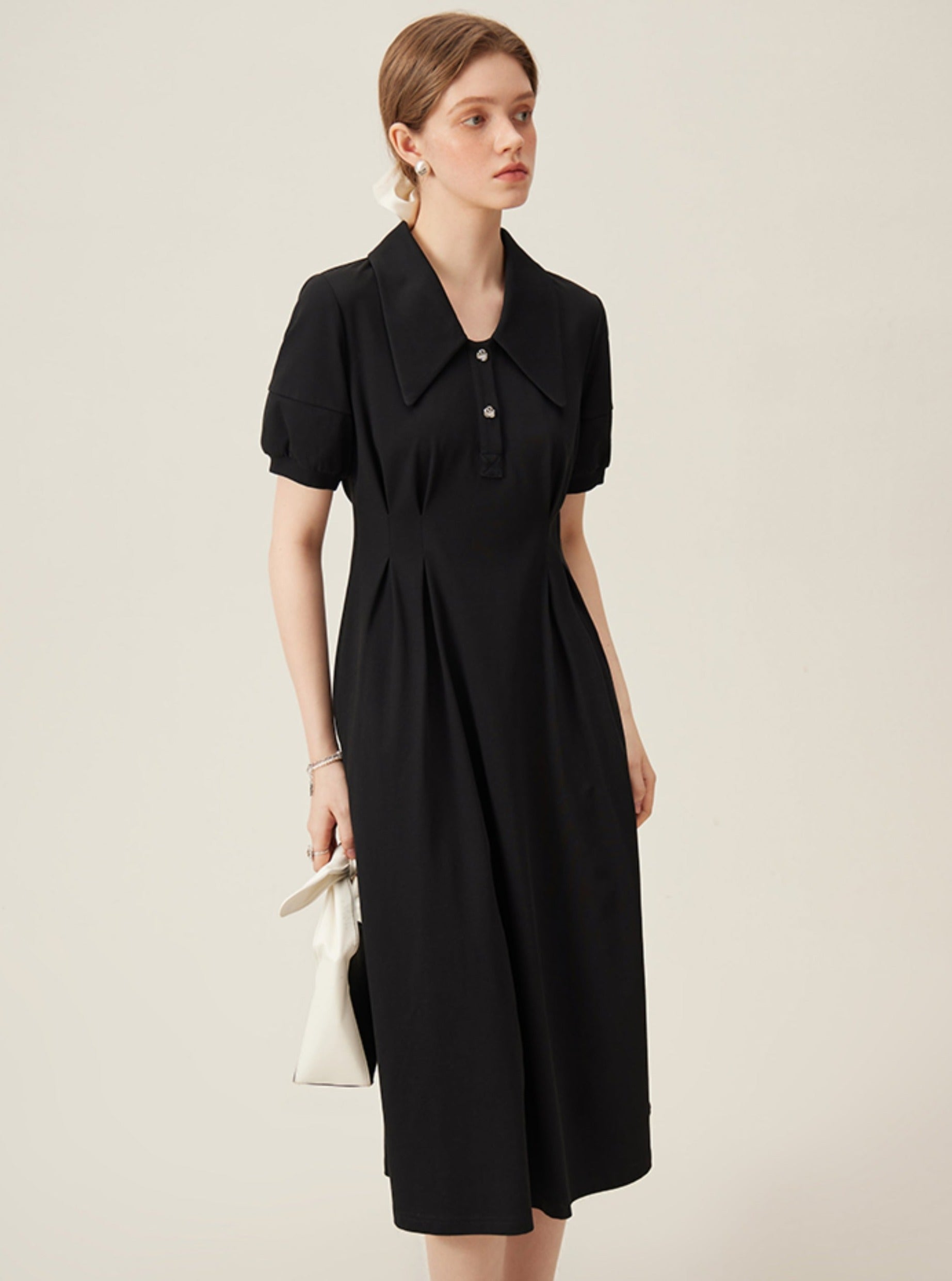 Minimalist Short Puff Sleeves Midi-length Dress