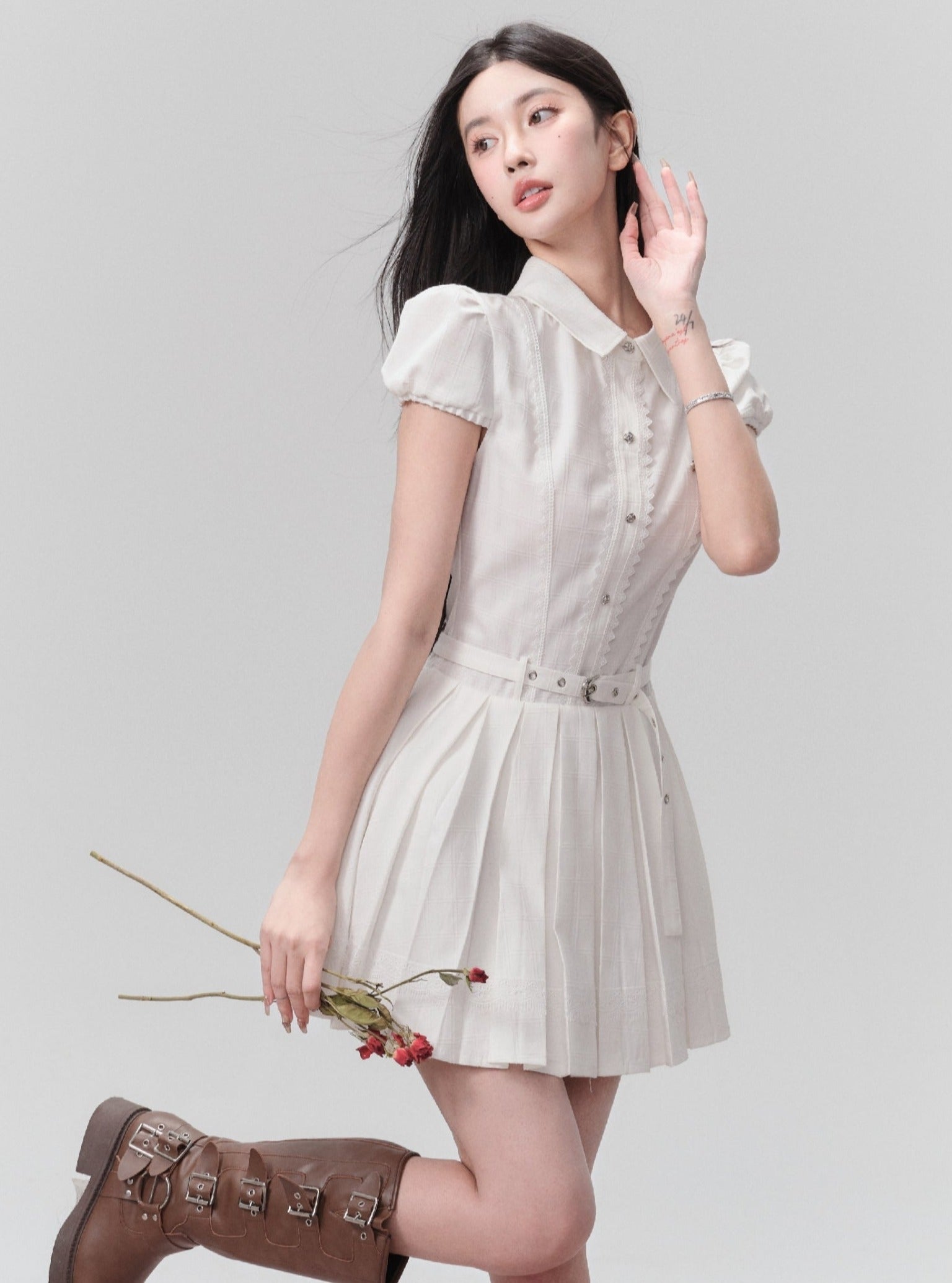 Pristine Puff-Sleeve Pleated Shirt Dress