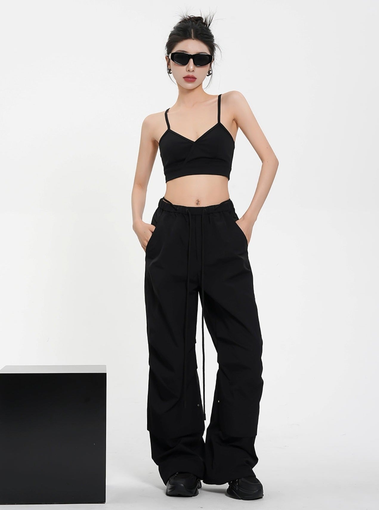 High-Waisted Wide Leg Trousers - Black Pleated Front Palazzo Pants