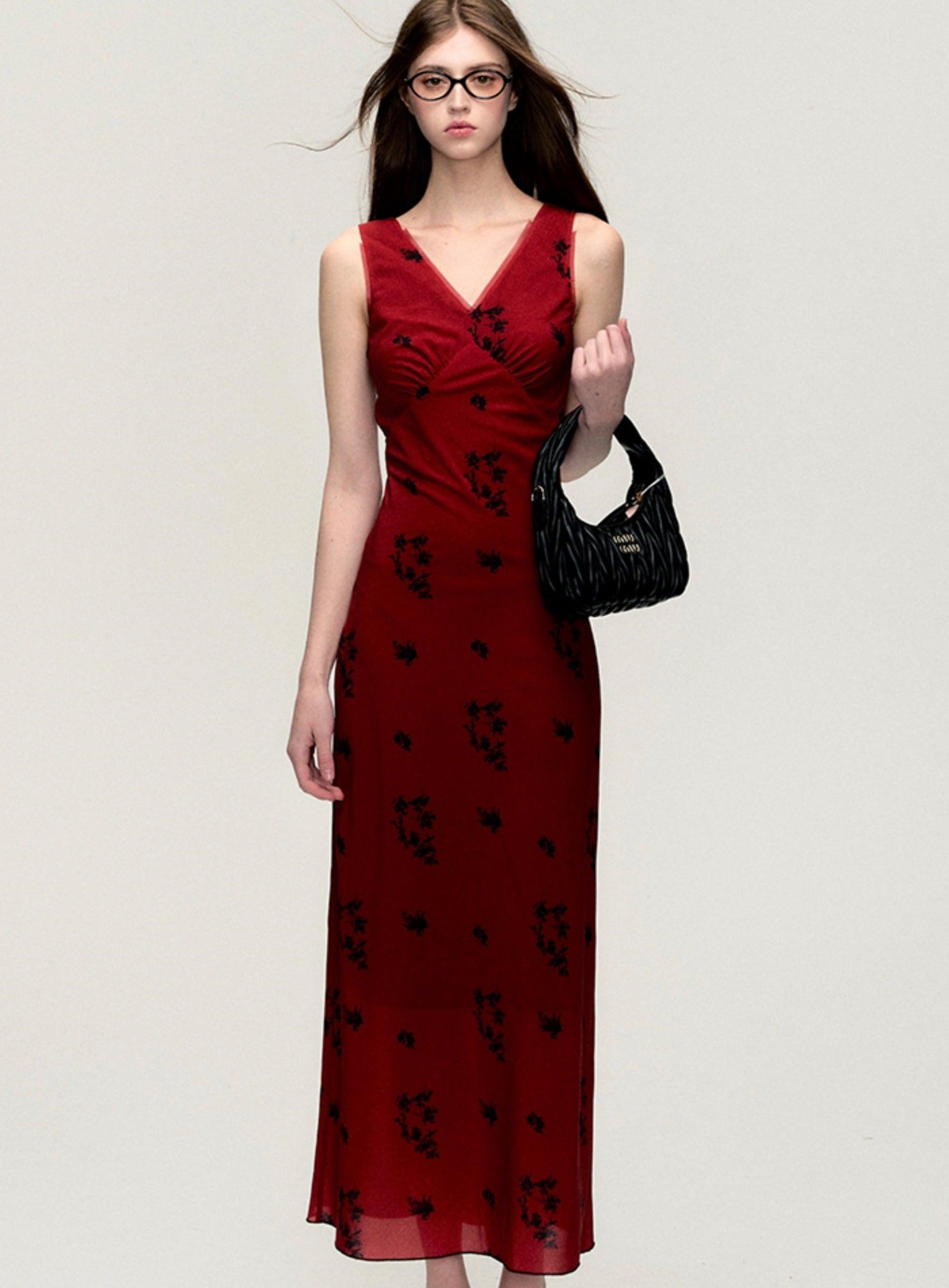 Crimson Blossom Sleeveless Maxi Dress