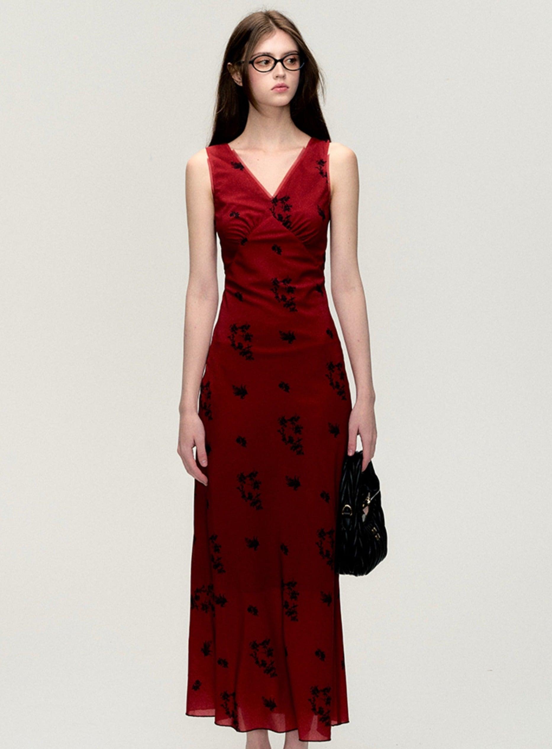 Crimson Blossom Sleeveless Maxi Dress - chiclara