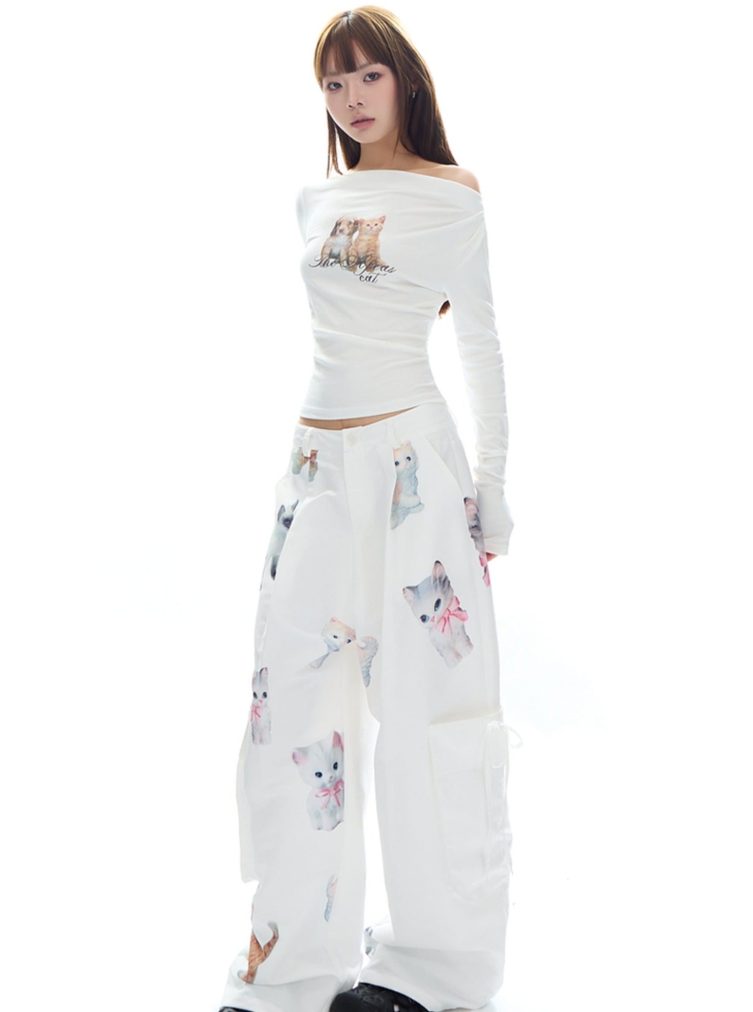 Kawaii Kitten Print Wide-Leg Lounge Pants