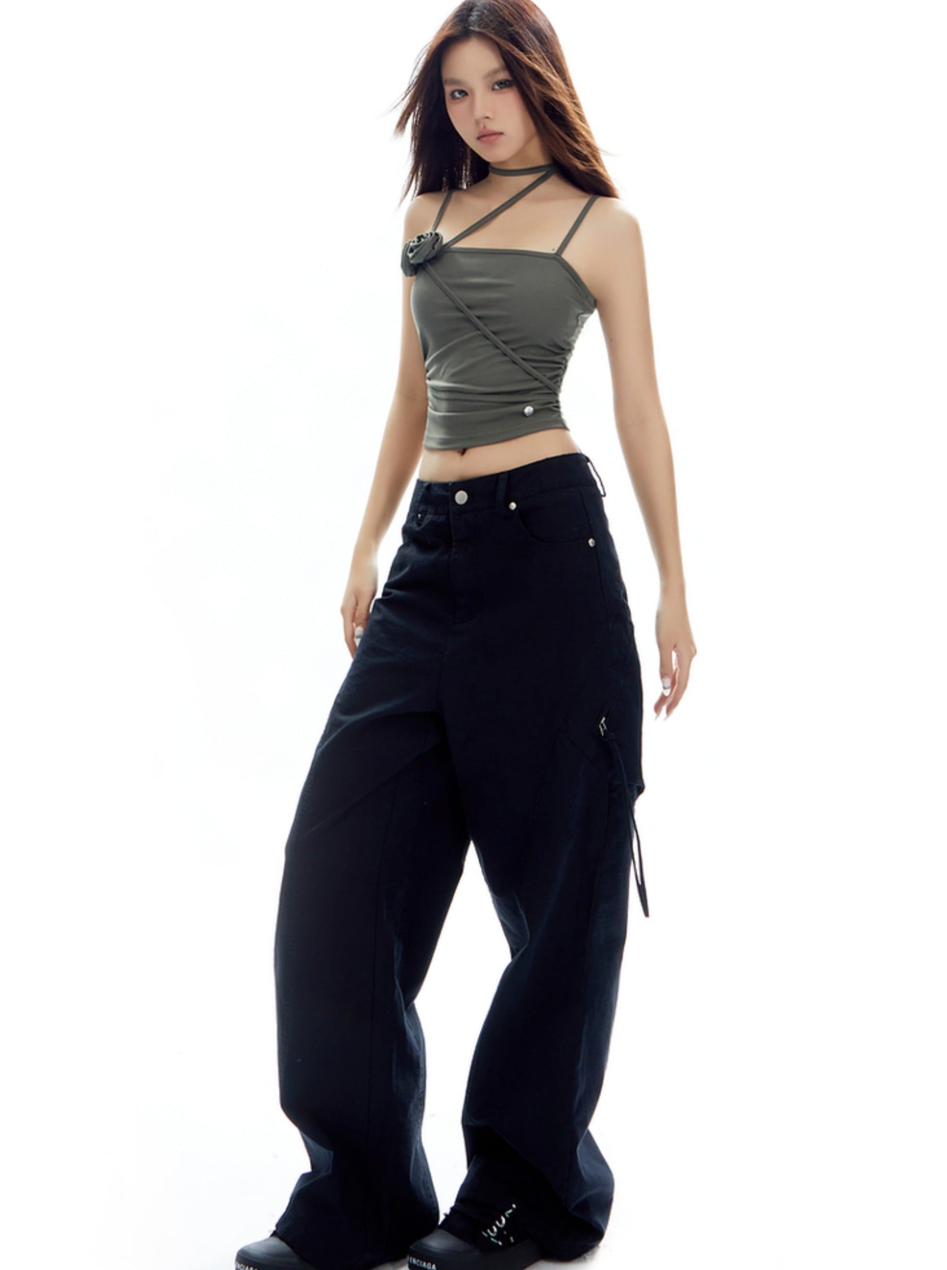 Wide-Leg Olive Green Cargo Pants