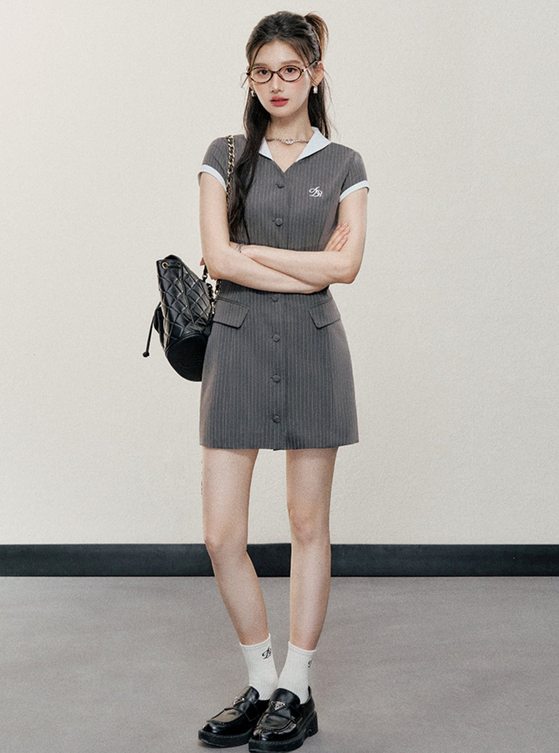 Pinstripe Button-Front Mini Dress: Short Sleeve Collared Shirtdress with Embroidered Logo