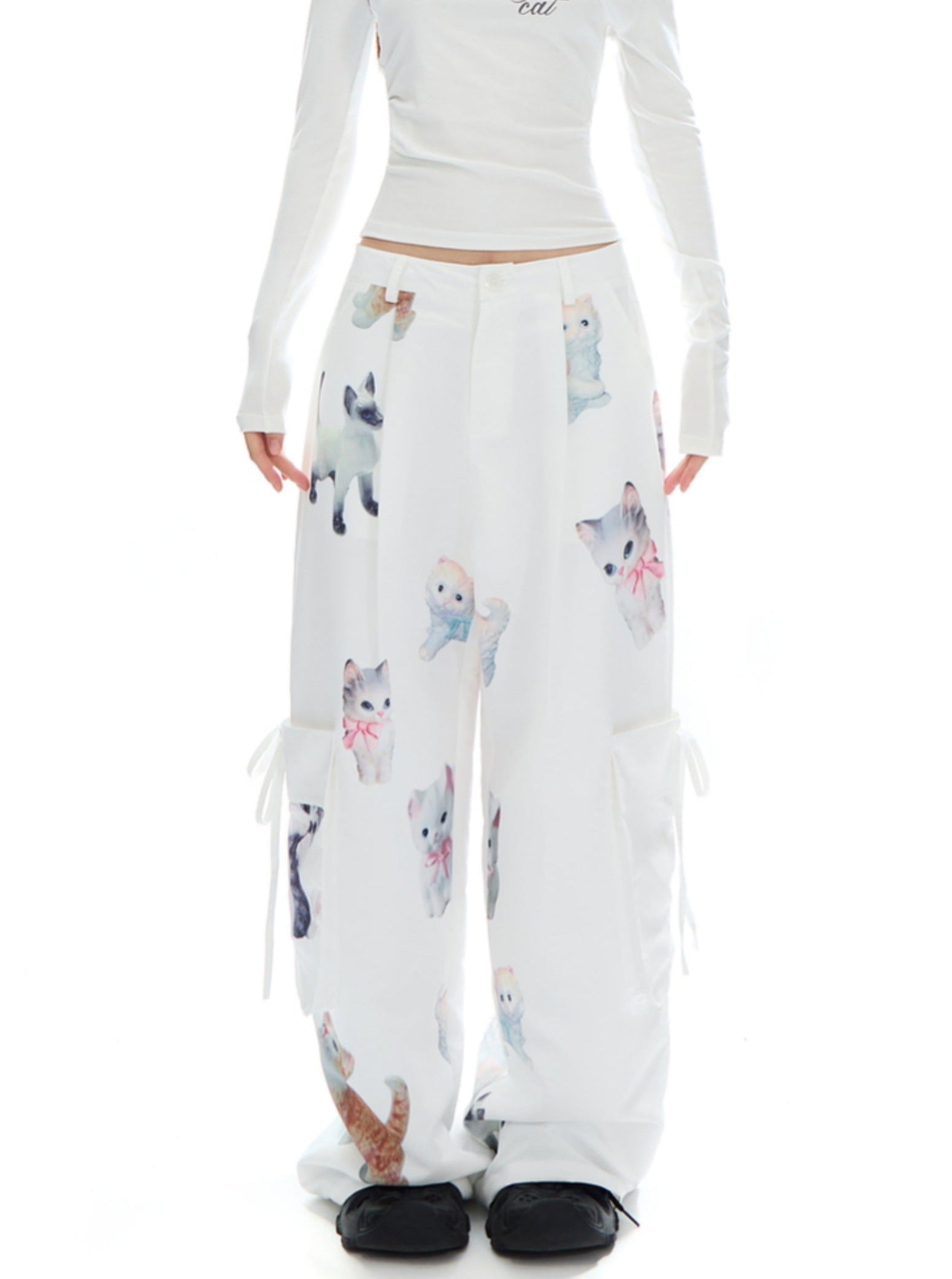 Kawaii Kitten Print Wide-Leg Lounge Pants