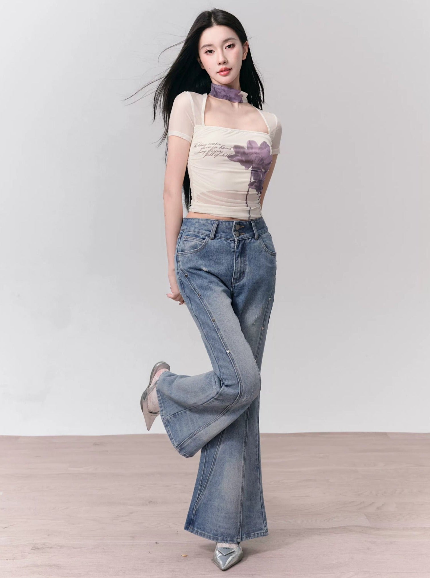 Retro High-Waisted Distressed Flare Jeans