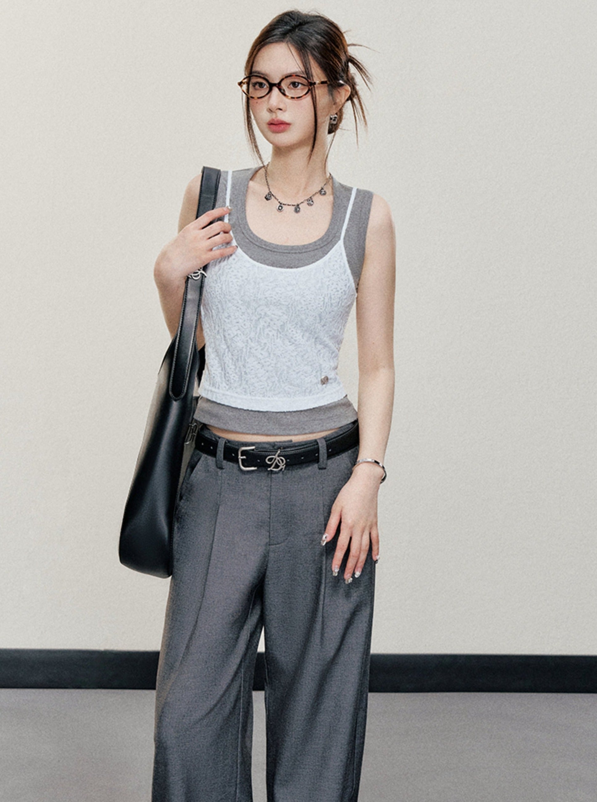 Textured Crop Tank Top: Sleeveless Fitted Vest with Layered Neckline