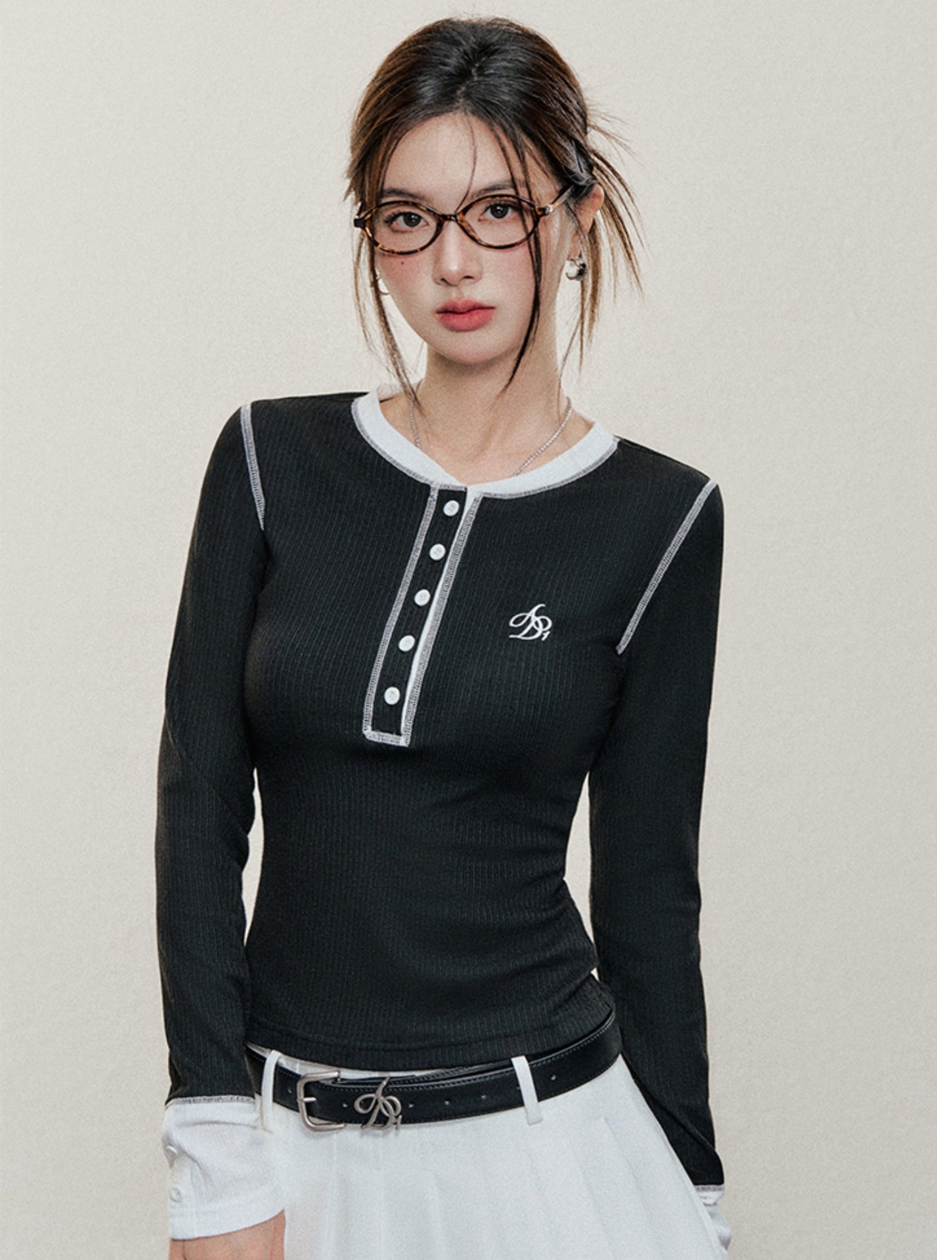 Contrast Trim Long Sleeve Henley: Black Fitted Top with White Accents and Embroidered Logo