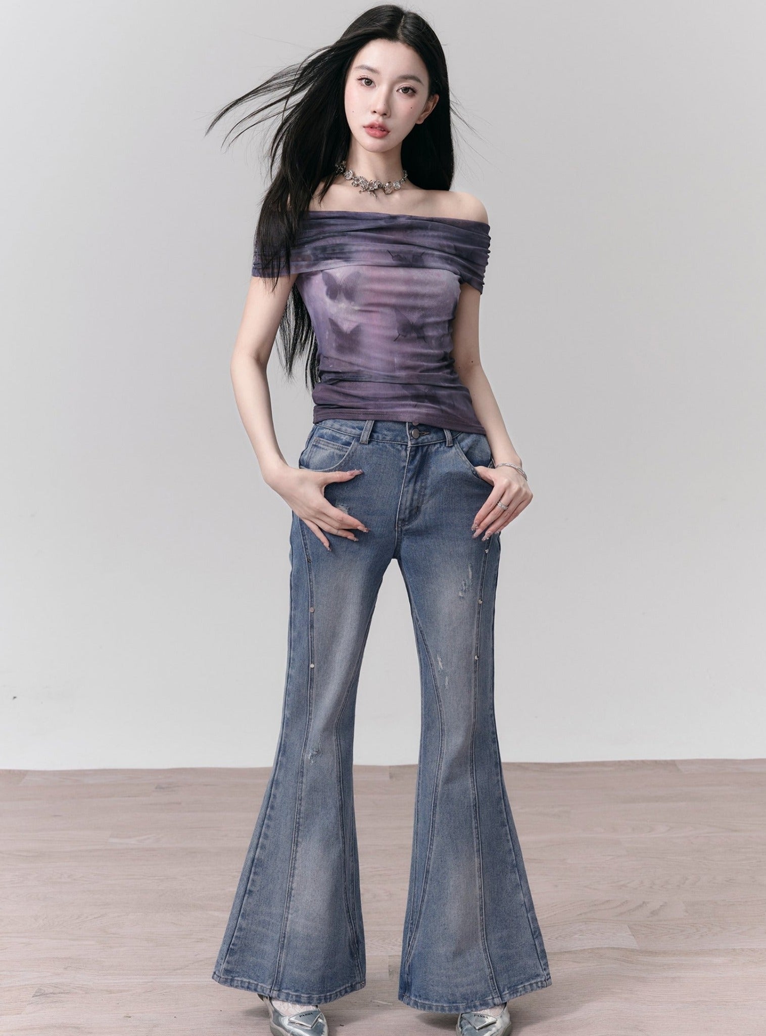 Retro High-Waisted Distressed Flare Jeans