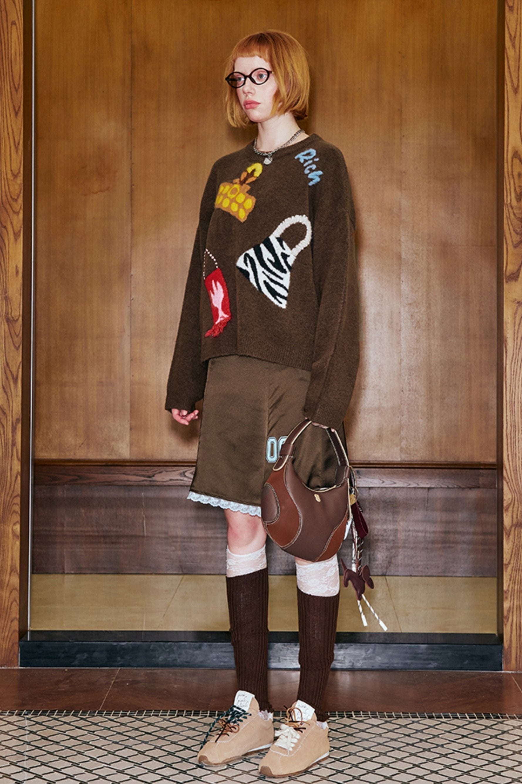 Cartoon Patch Brown Knit Sweater