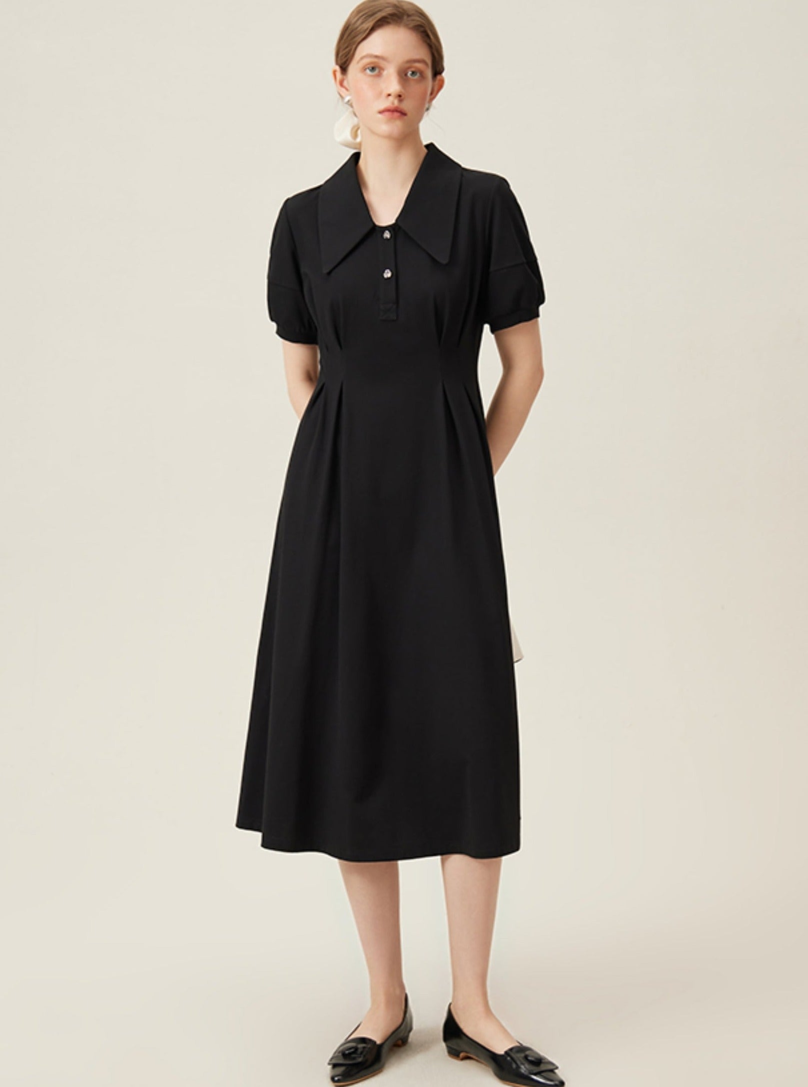 Minimalist Short Puff Sleeves Midi-length Dress