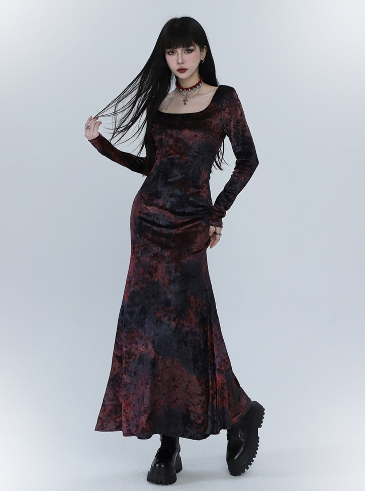 Black And Red Velvet Fishtail Dress - chiclara