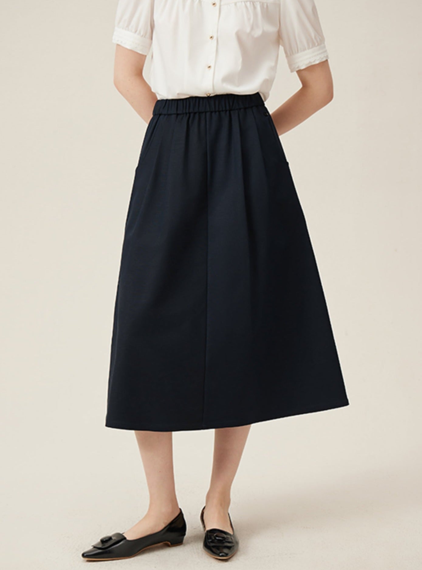 Preppy Elastic Midi Skirt - White A-Line Tennis Skirt