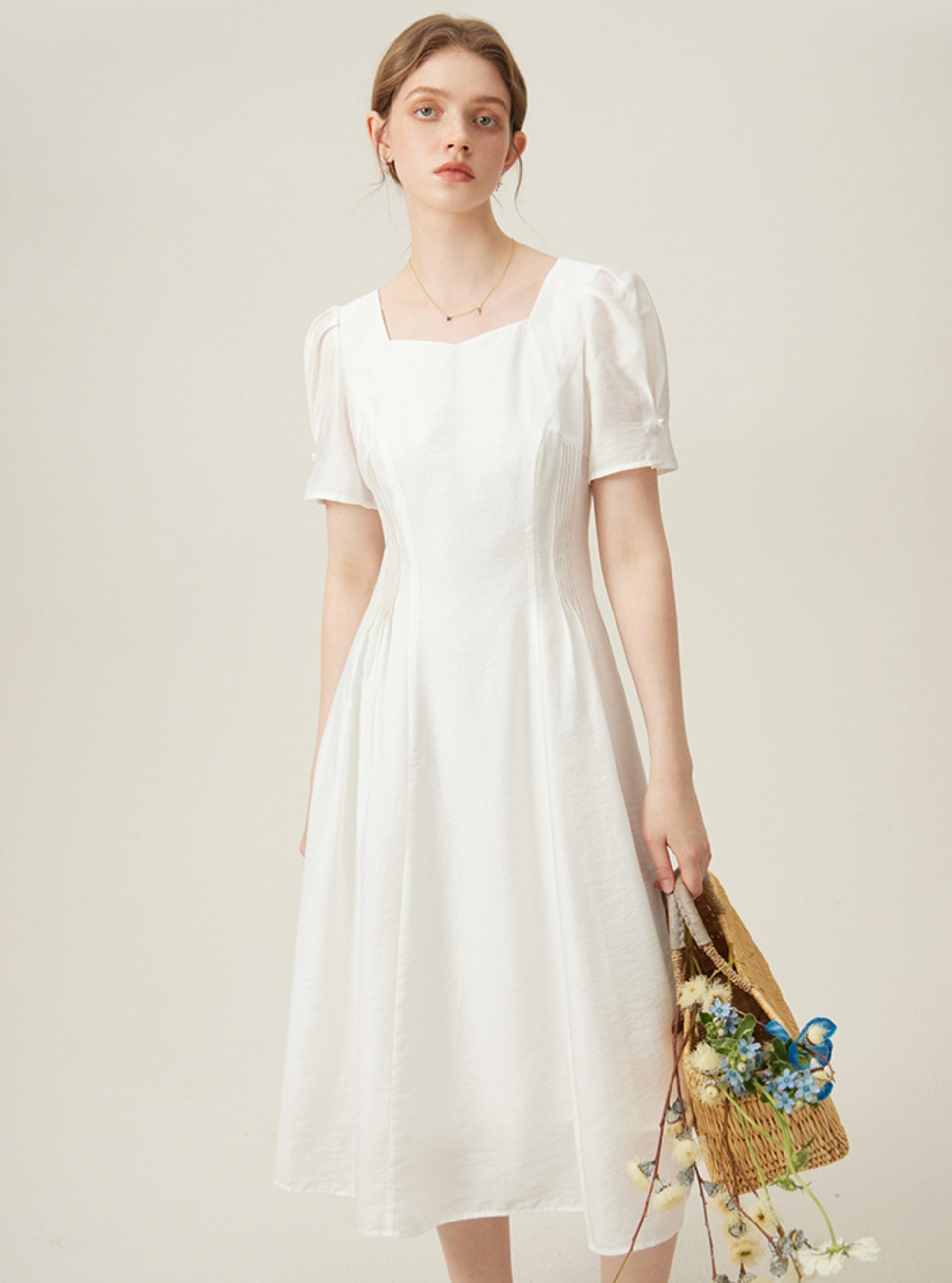 Classic White Midi Dress with Puff Sleeves