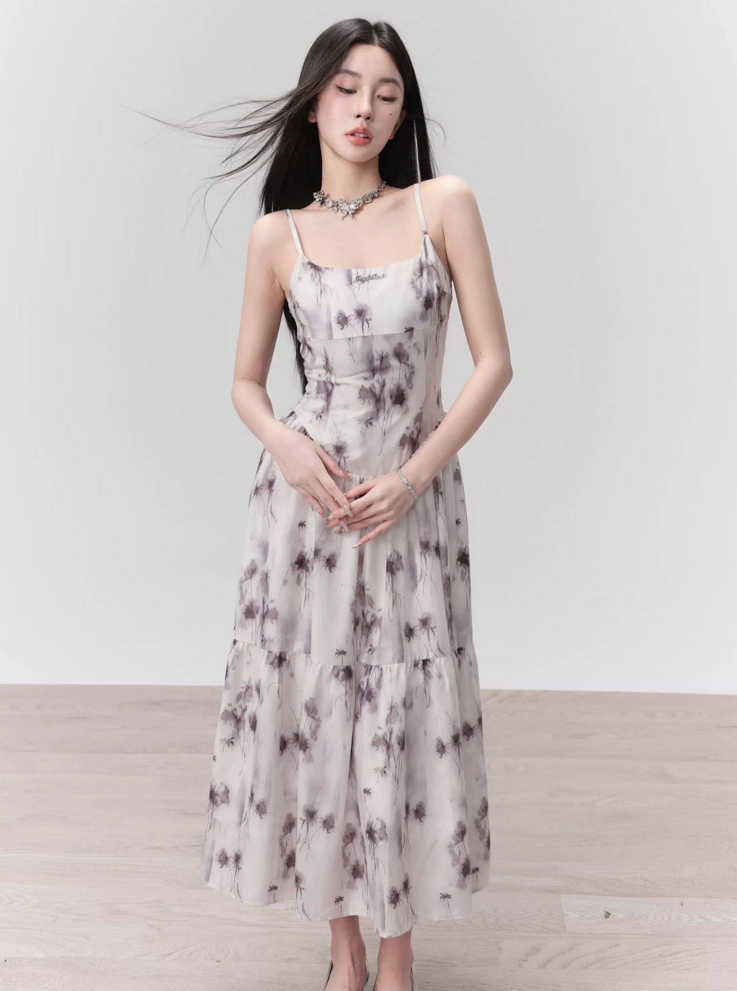 Ethereal Floral Spaghetti Strap Midi Dress in Lavender Mist