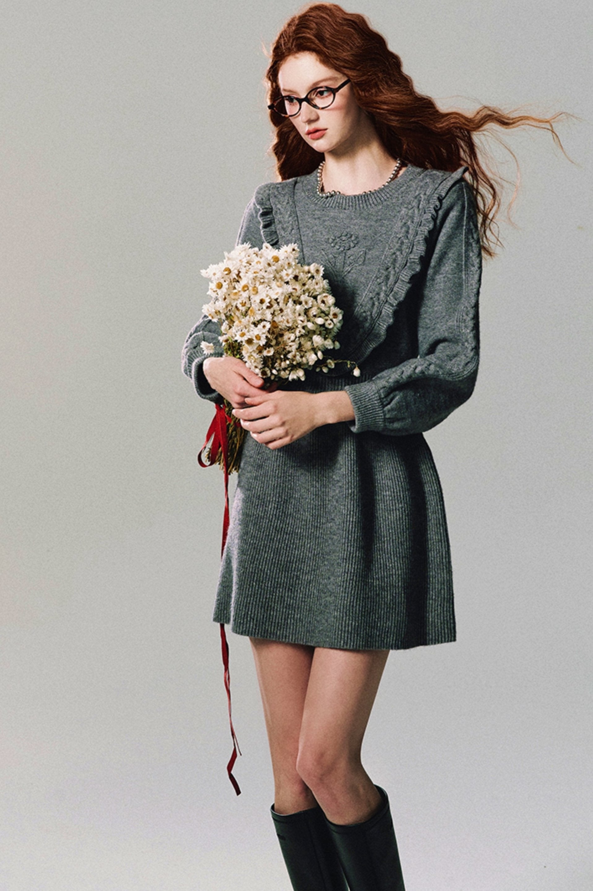 Ruffled Yoke Knit Sweater Dress