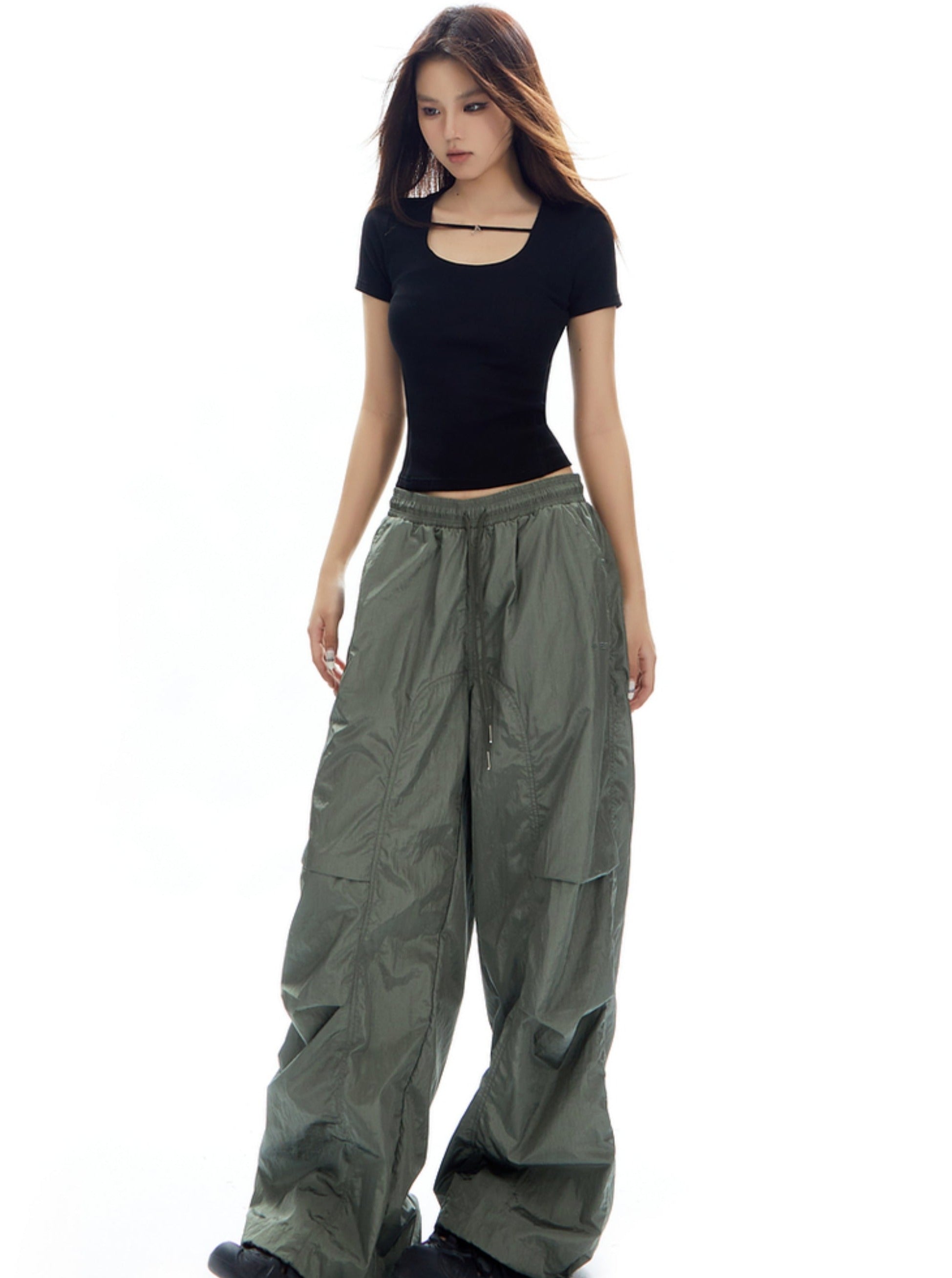 Oversized Olive Green Parachute Pants