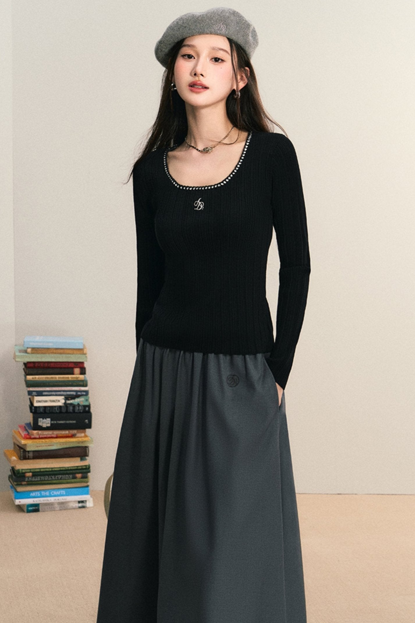 Ribbed Scoop Neck Top: Slim-Fit Long Sleeve Knit with Contrast Trim and Logo Detail