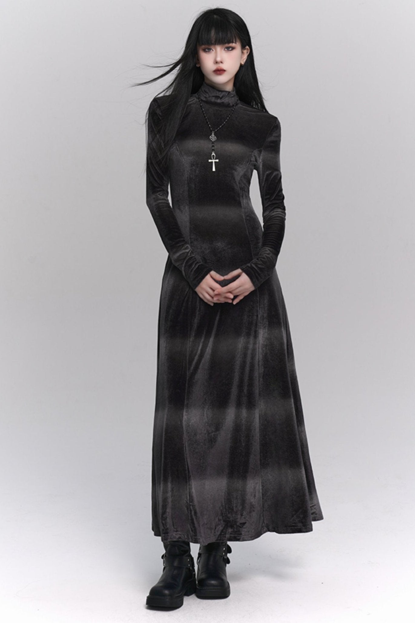 Gothic Velvet Turtleneck Maxi Dress