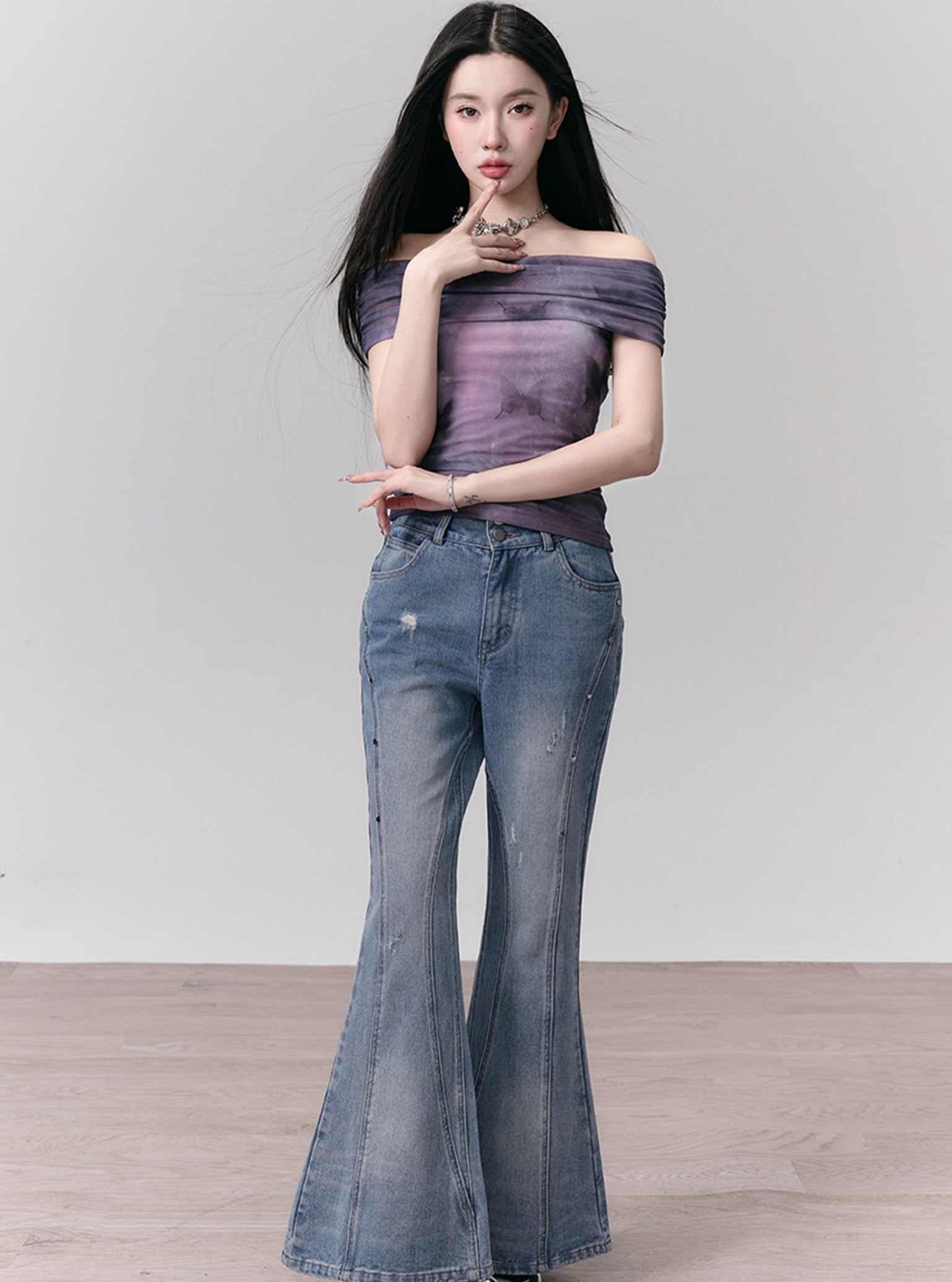 Retro High-Waisted Distressed Flare Jeans