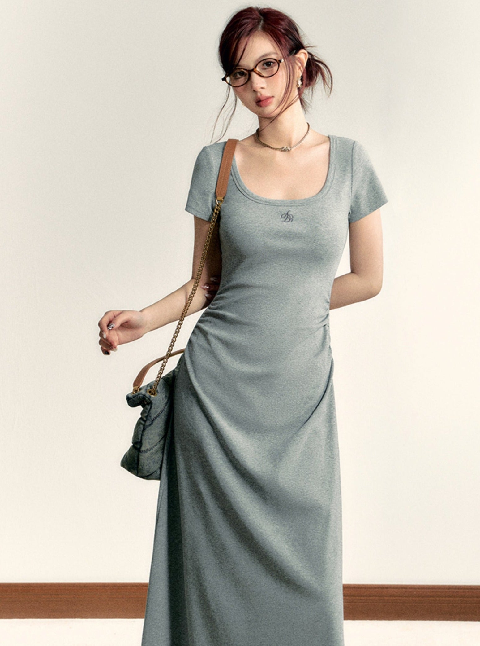 Scoop Neck Maxi T-Shirt Dress - Casual Side Ruched Jersey Knit Gown