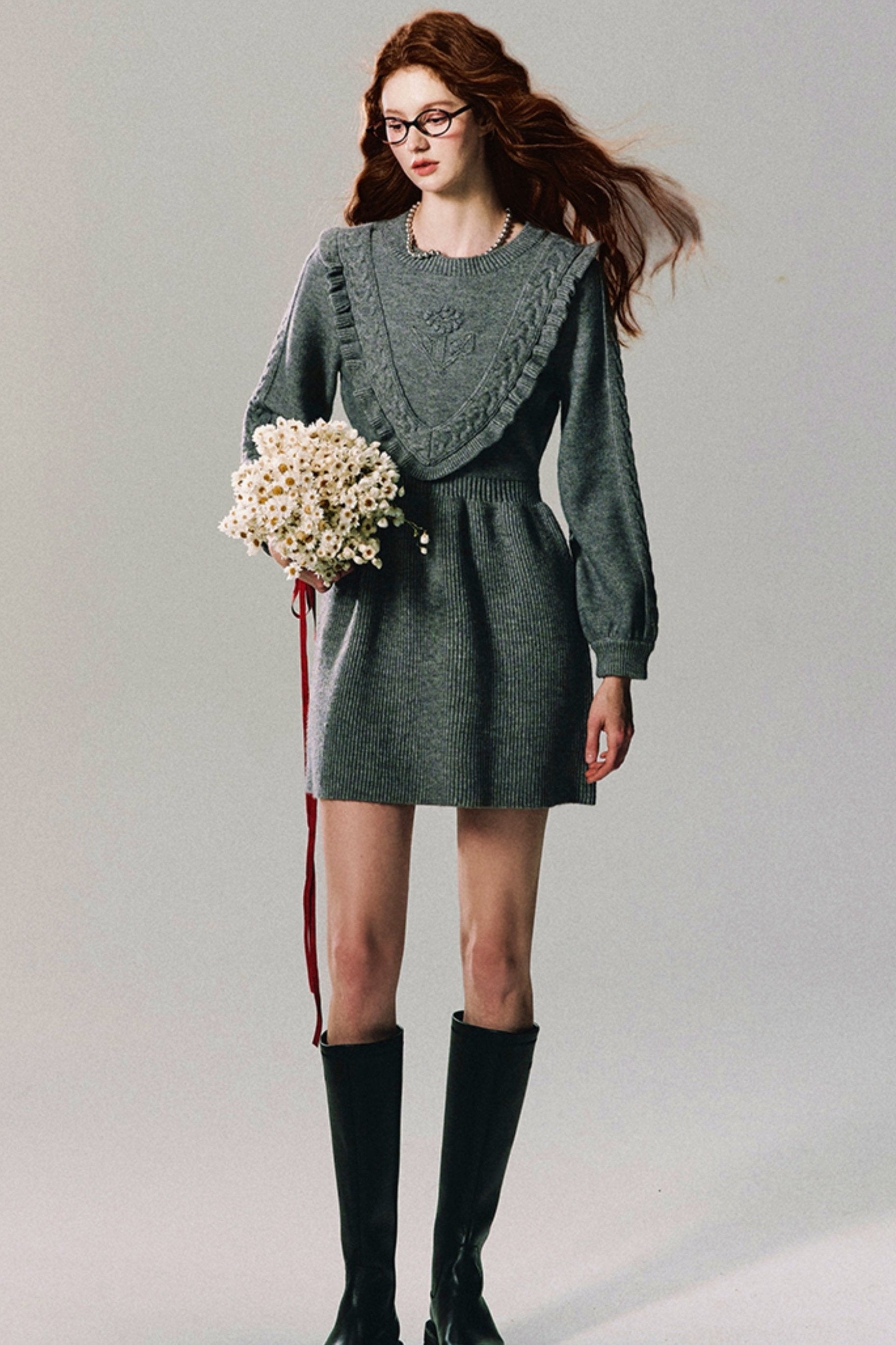 Ruffled Yoke Knit Sweater Dress