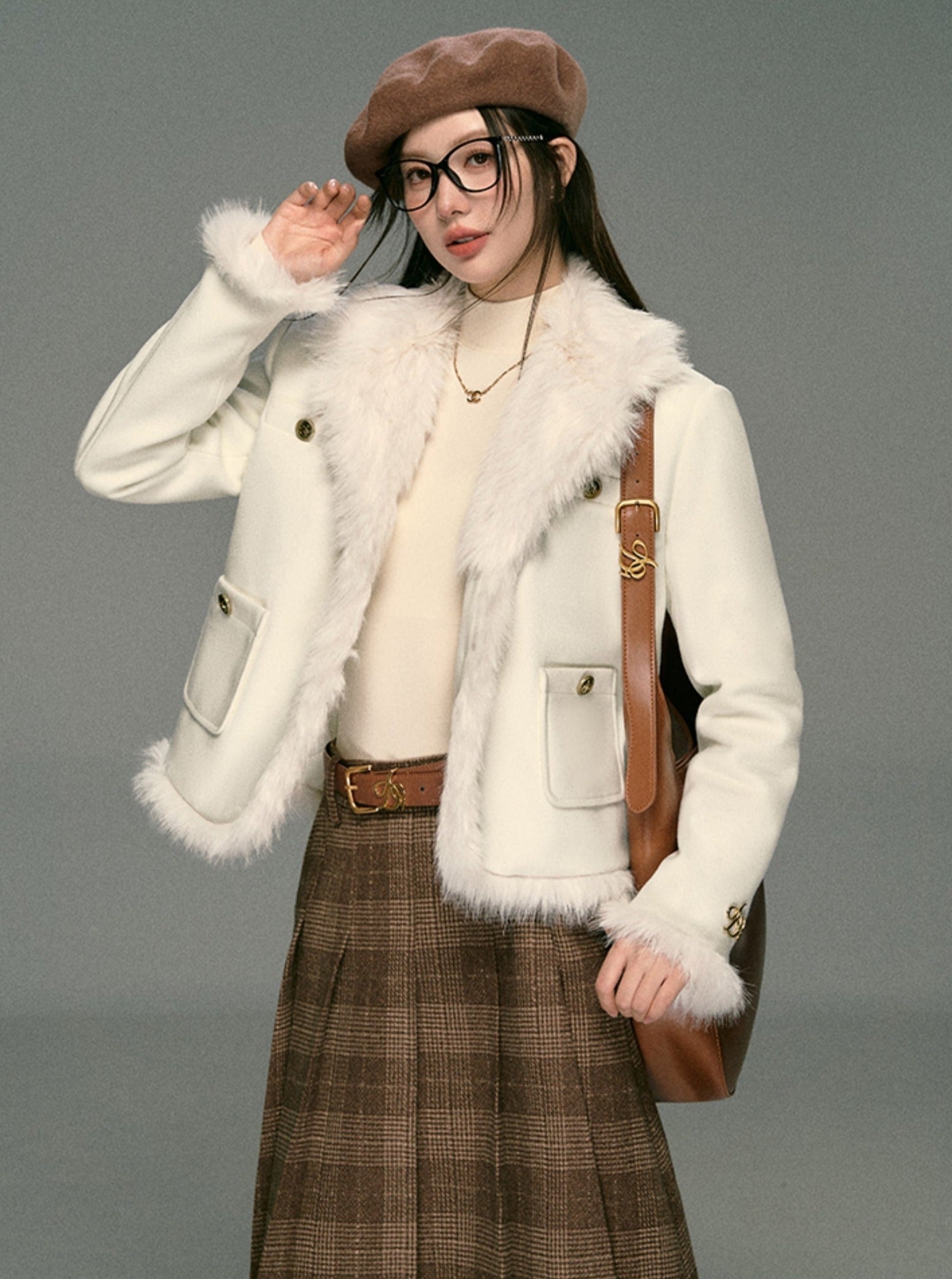 Ivory Boucle Jacket: Faux Fur Trim Cropped Coat with Gold Buttons